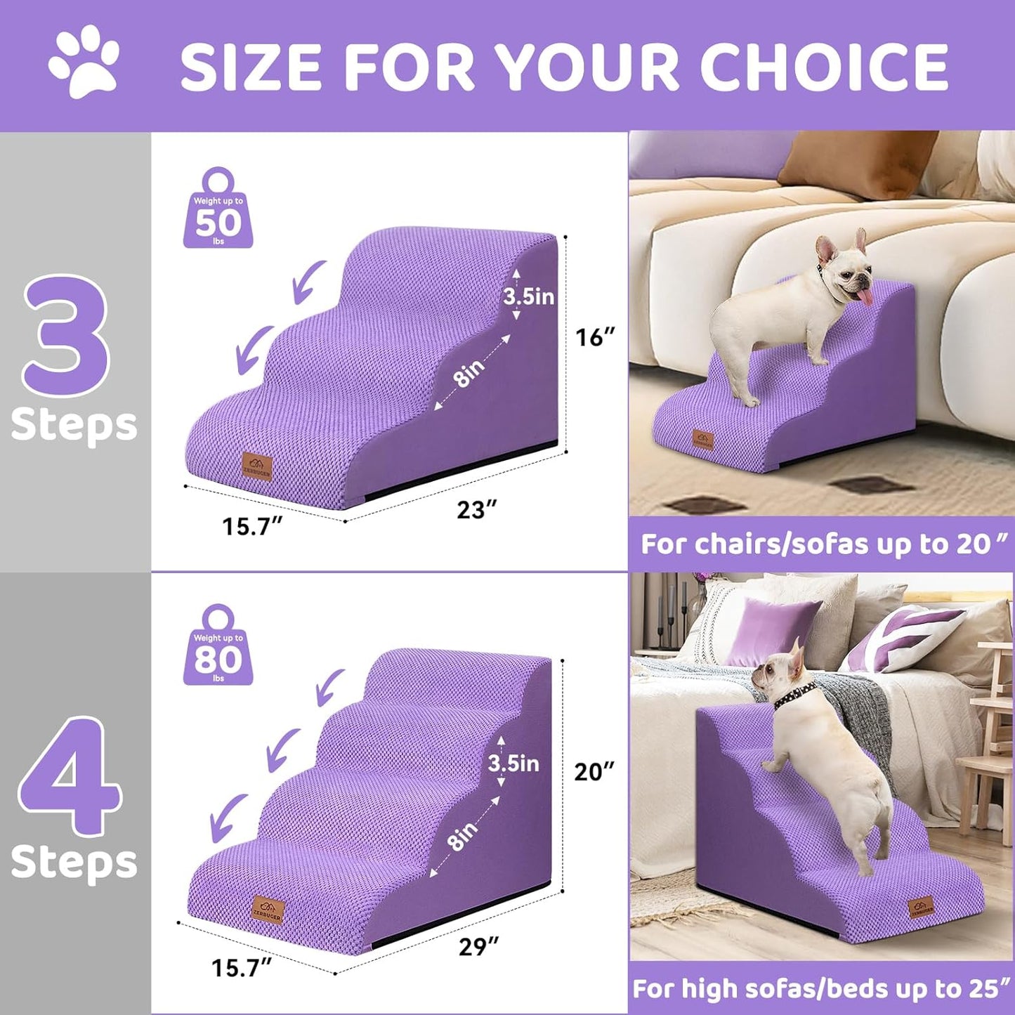 Dog Ramp and Stair for Bed 16" H-20 H,3-Step Cat Stair for Sofa and Chair,4-Step Dog Ramp for High Bed and Window,Durable Nonslip Fabric Cover for Indoor (Purple-20 H, Pet Friendly, 4)