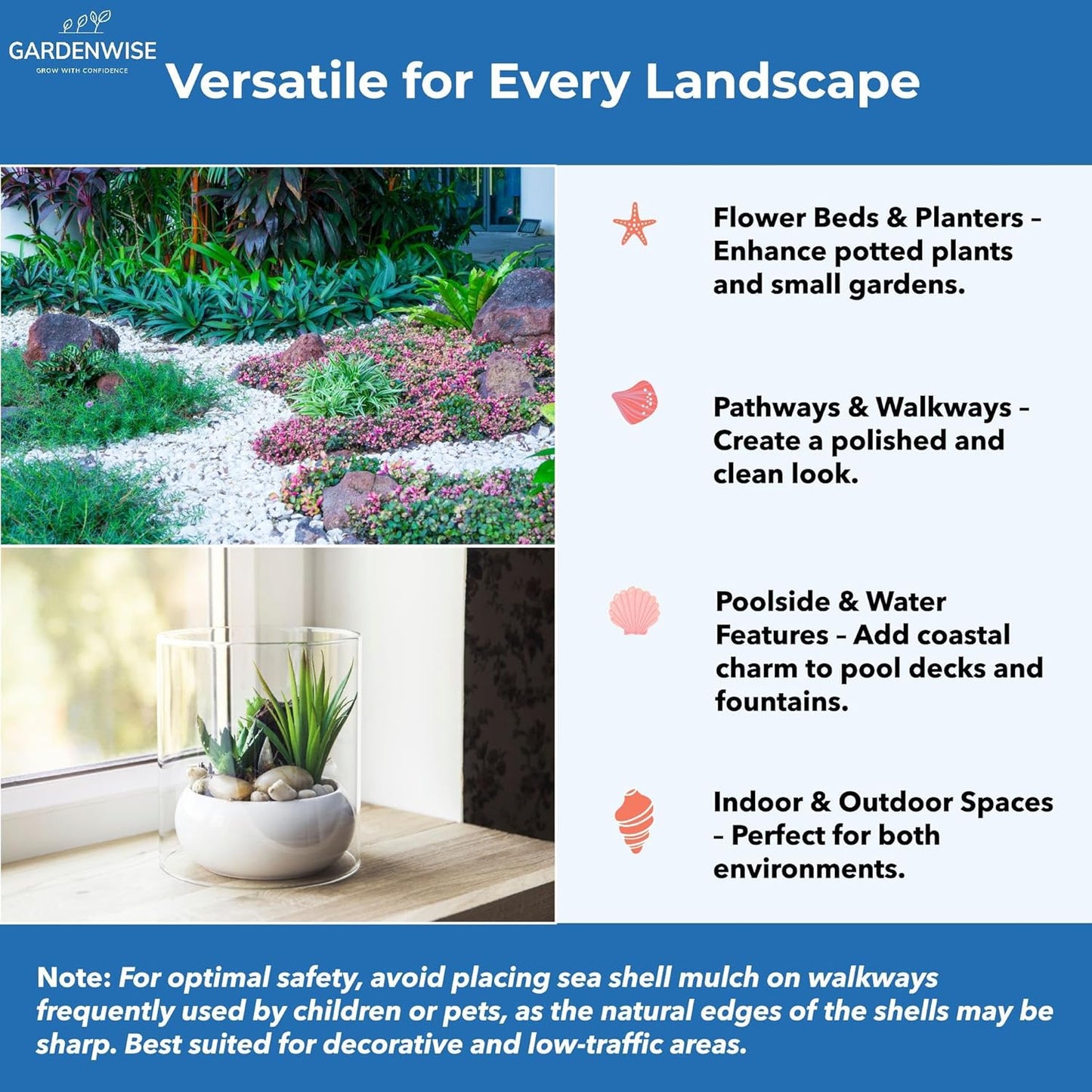 Natural Organic Sea Shell Mulch for Gardens and Landscaping – Decorative and Nutrient-Rich, 0.5–3-Inch Shells, Perfect for Indoor and Outdoor Use (2 CF - 56 L - 60 QTS)