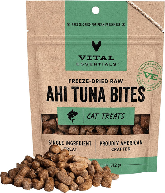 Vital Essentials Ahi Tuna Bites Cat Treats, 1.1 oz | Freeze-Dried Raw | Single Protein | Grain Free, Gluten Free, Filler Free