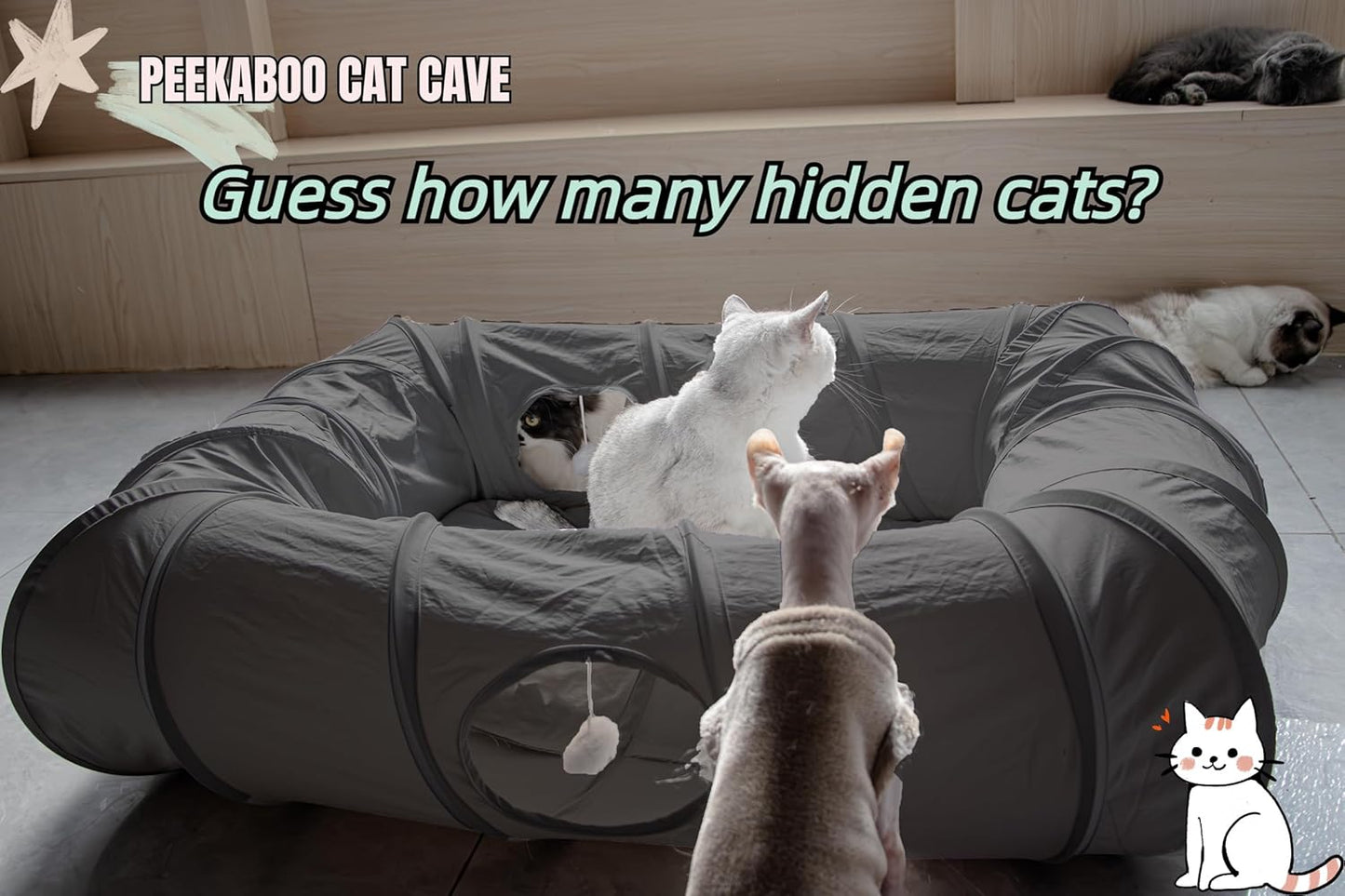 XxingSheep 4 Ways Shuttled XL Cat Tunnel Bed for Indoor Cats Peekaboo Cat Cave Donut with Cool Mat (Dark Gray)