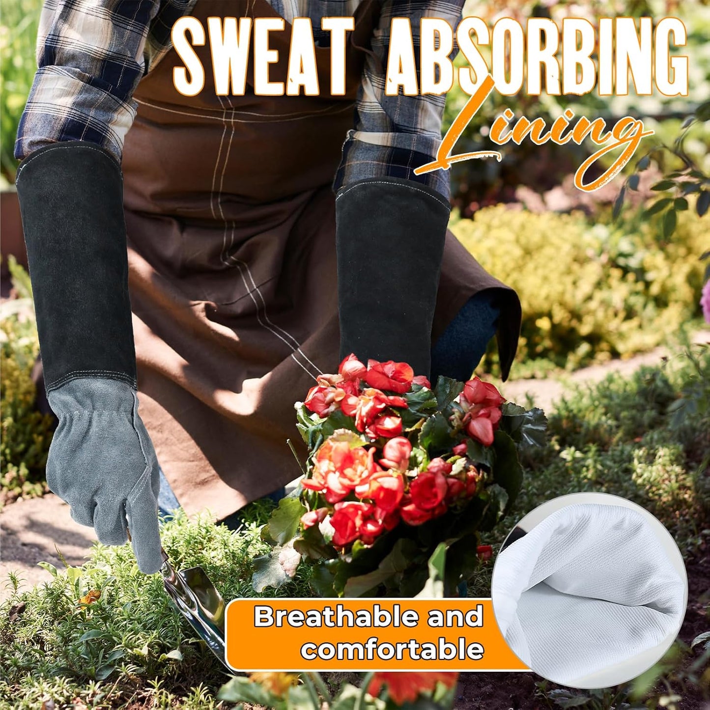 HANDLANDY Long Gardening Gloves for Men & Women, Cowhide Leather Rose Pruning Gloves, Breathable Thorn Proof Gauntlet Glove (Dark Grey-Black, L)