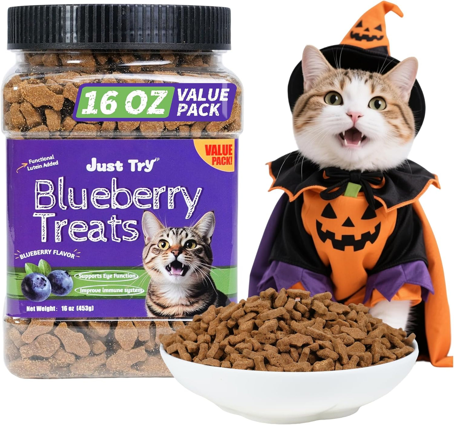 Just Try 16 OZ Blueberry Cat Treats for Indoor Cats, Gluten Free, Low-Calorie Healthy Cat Snacks, Plant-Based Fiber-Rich Natural Chicken Flavor Training Treats