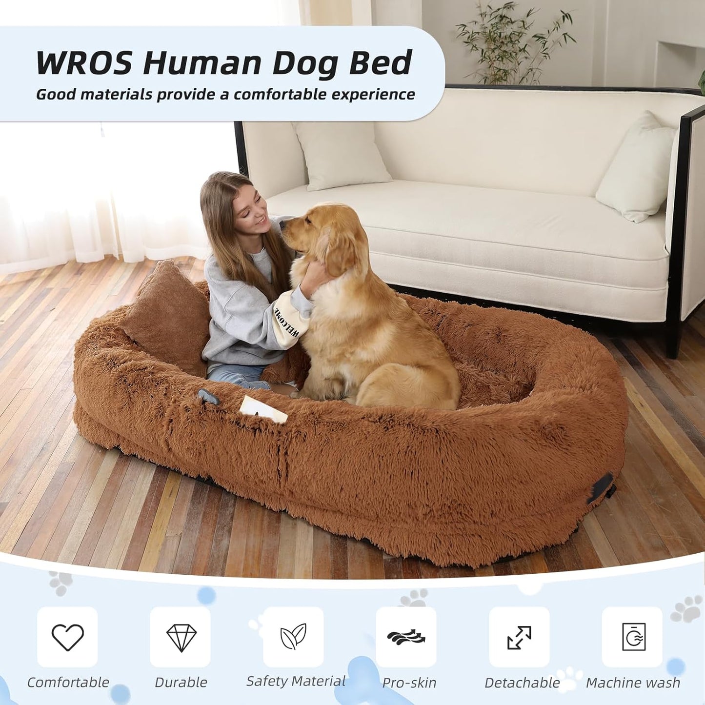 Human Dog Bed, Brown, 71''x45''x12'' Size Fits You and Pets, Washable Faux Fur Pet Bed for People Doze Off, Napping Orthopedic Dog Bed, Present Plump Pillow, Blanket, Strap