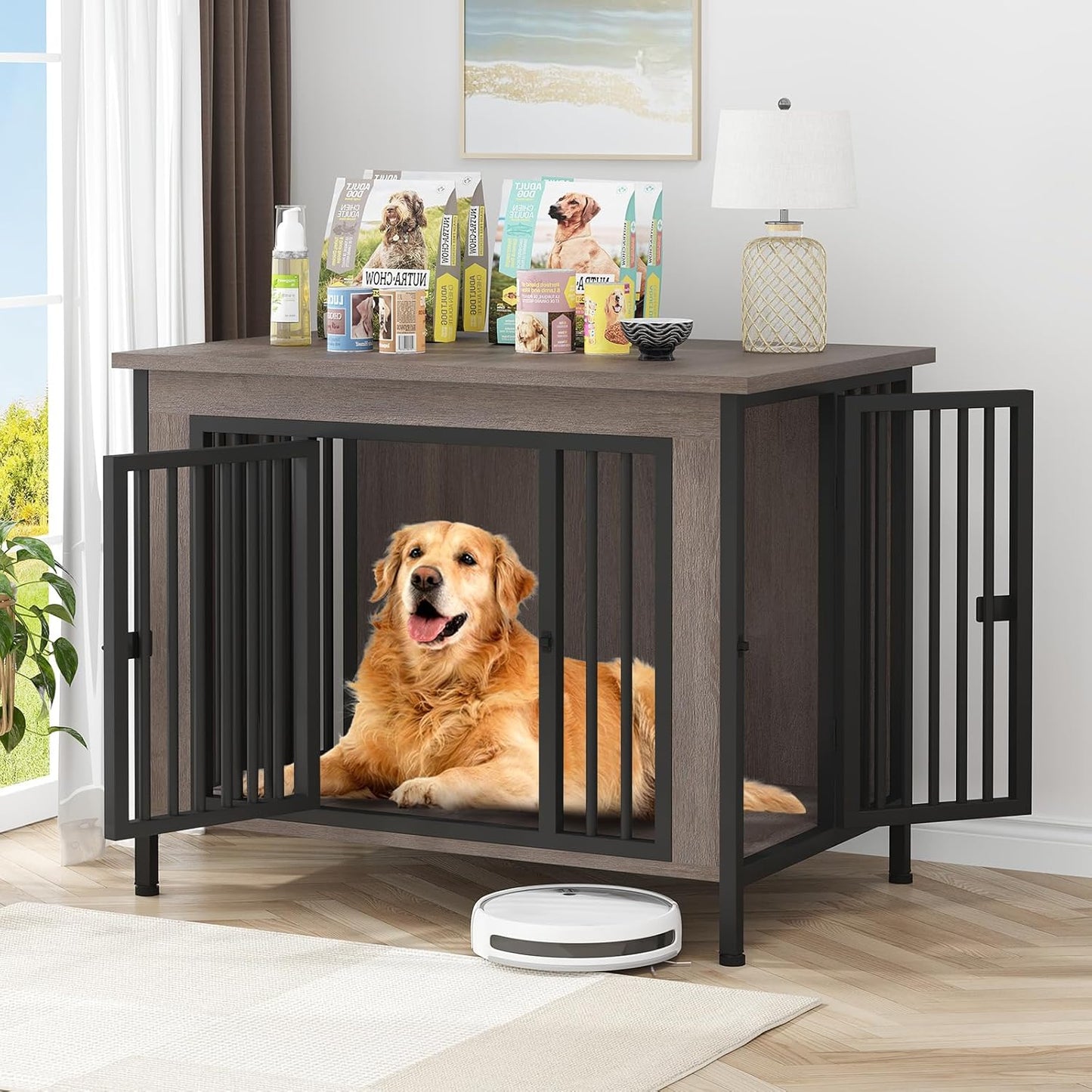 EasyCom 39.96" XL Wooden Large Dog Crate Furniture for Medium and Large Breed, Chew-Resistant Dog Kennel Furniture Indoor with 2 Doors and 3.94" Raised Feet, as TV Stand, End Table, Crate Table