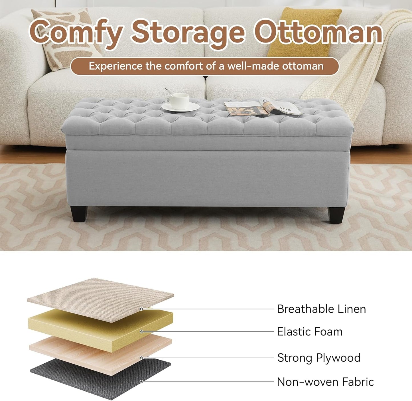 51" Fabric Storage Ottoman Bench, Upholstered Rectangle End of Bed Storage Ottoman Tufted Living Room Bedroom Bench with Safety Hinge, Solid Wood Legs, Loads 500 lb(Light Grey)