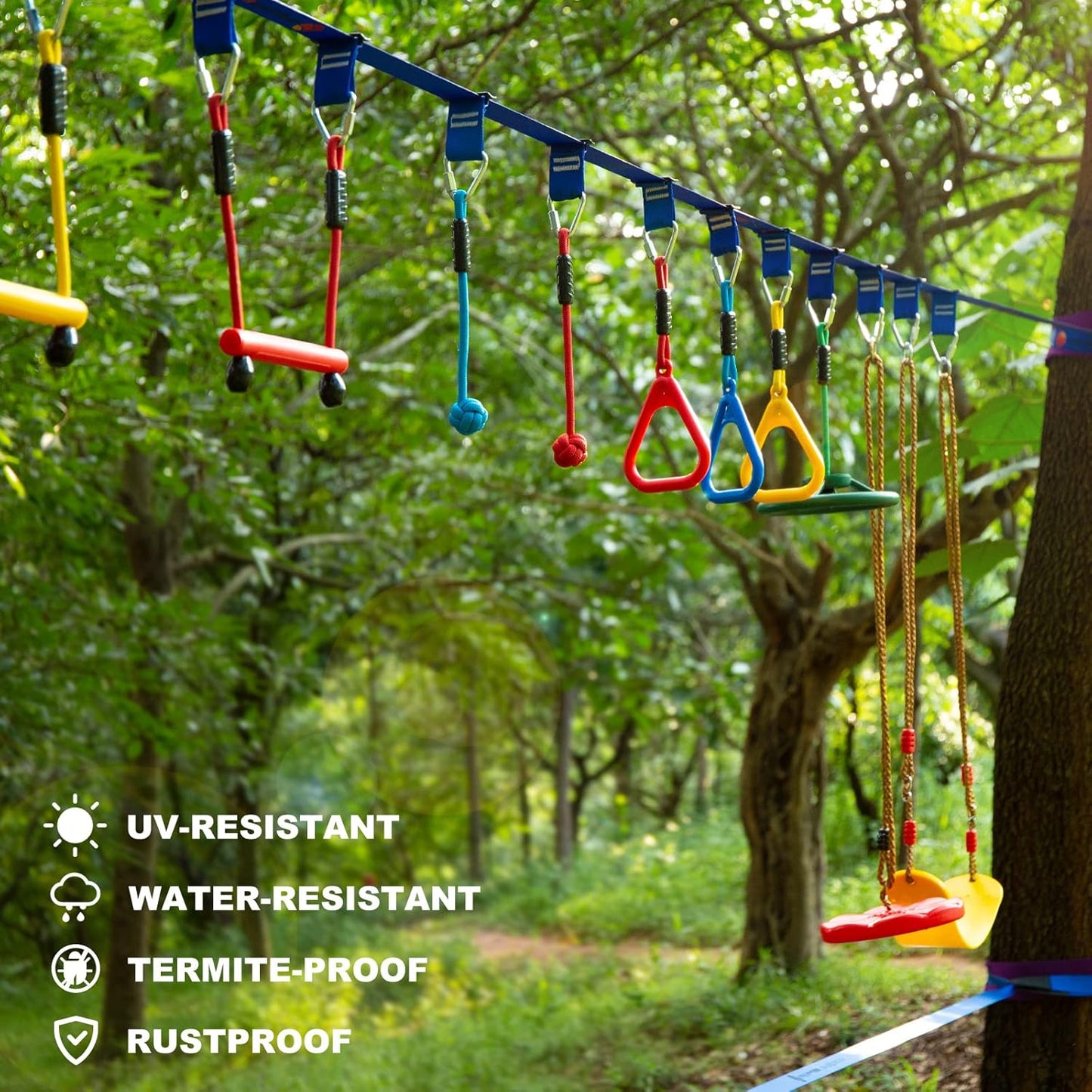 2x65 FT Ninja Warrior Obstacle Course for Kids with 13 Ninja Accessories - 600lbs Weight Capacity, Slackline with Swing Seat, Disc Swing, Ninja Wheel, Rope Ladder, Monkey Bar, Ninja Ring, Arm Trainer