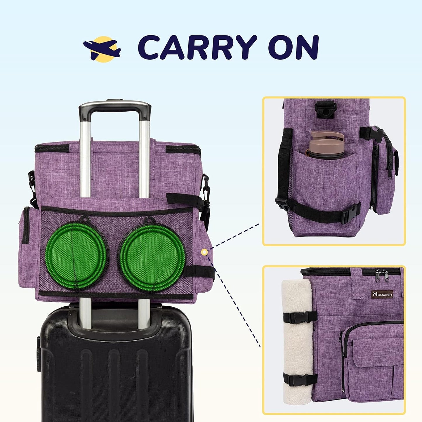 Modoker Dog Travel Organizer Carriers for Supplies & Accessories, Airline Approved Cat Pet Travel Bag, 2 Collapsible Bowls, 2 Travel Dog Food Container, Purple