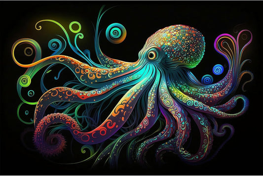 Octopus Aquarium Background Exquisite Colorful Octopus Terrarium Background Glowing Octopus on Black Background Fish Tank Backdrop Octopus Backdrops Poster Wallpaper Decorations Vinyl 24x12in