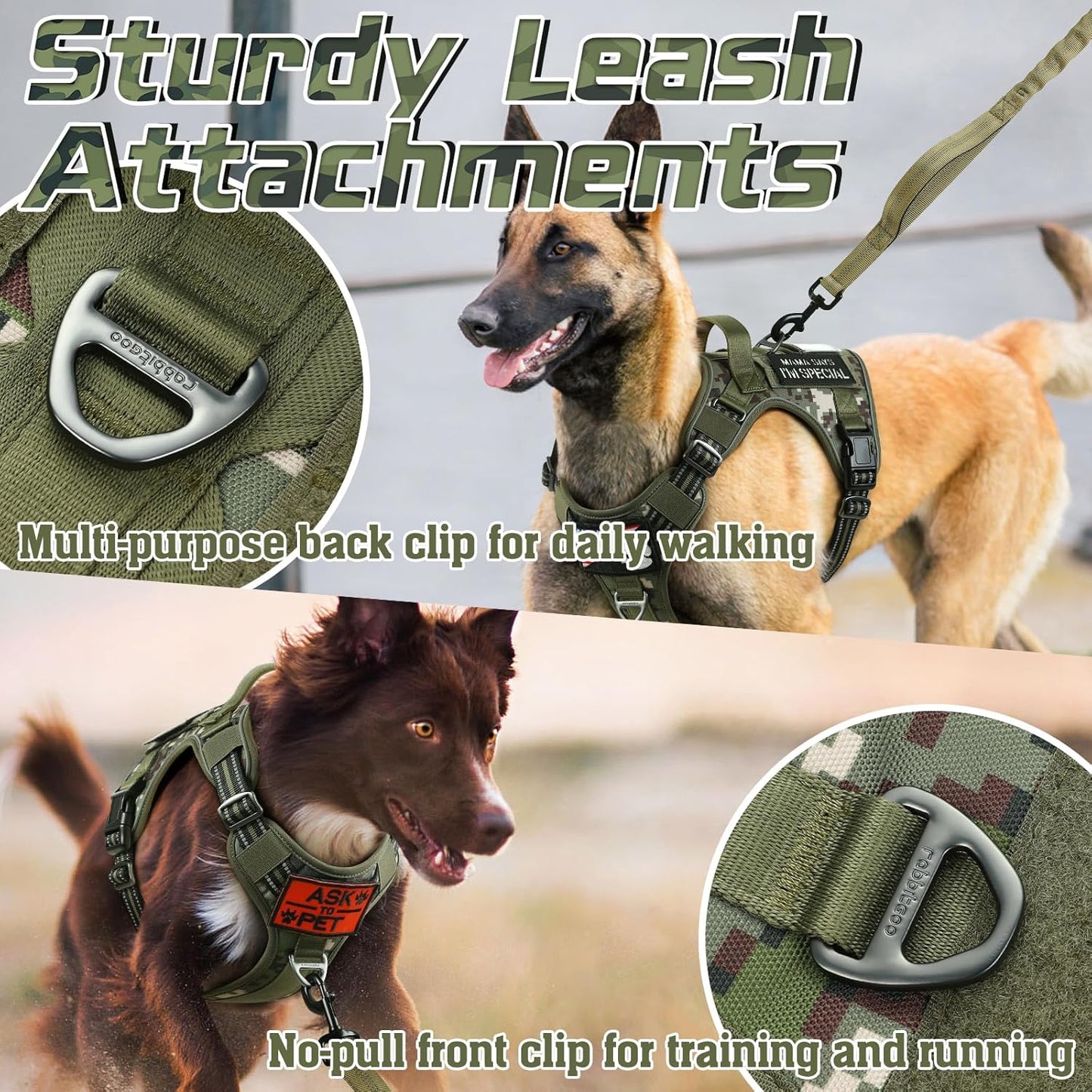 rabbitgoo Tactical Dog Harness for Large Dogs, No Pull Military Service Vest with Handle & Molle, Easy Control for Training Walking, Adjustable Reflective Straps, Green camo, L