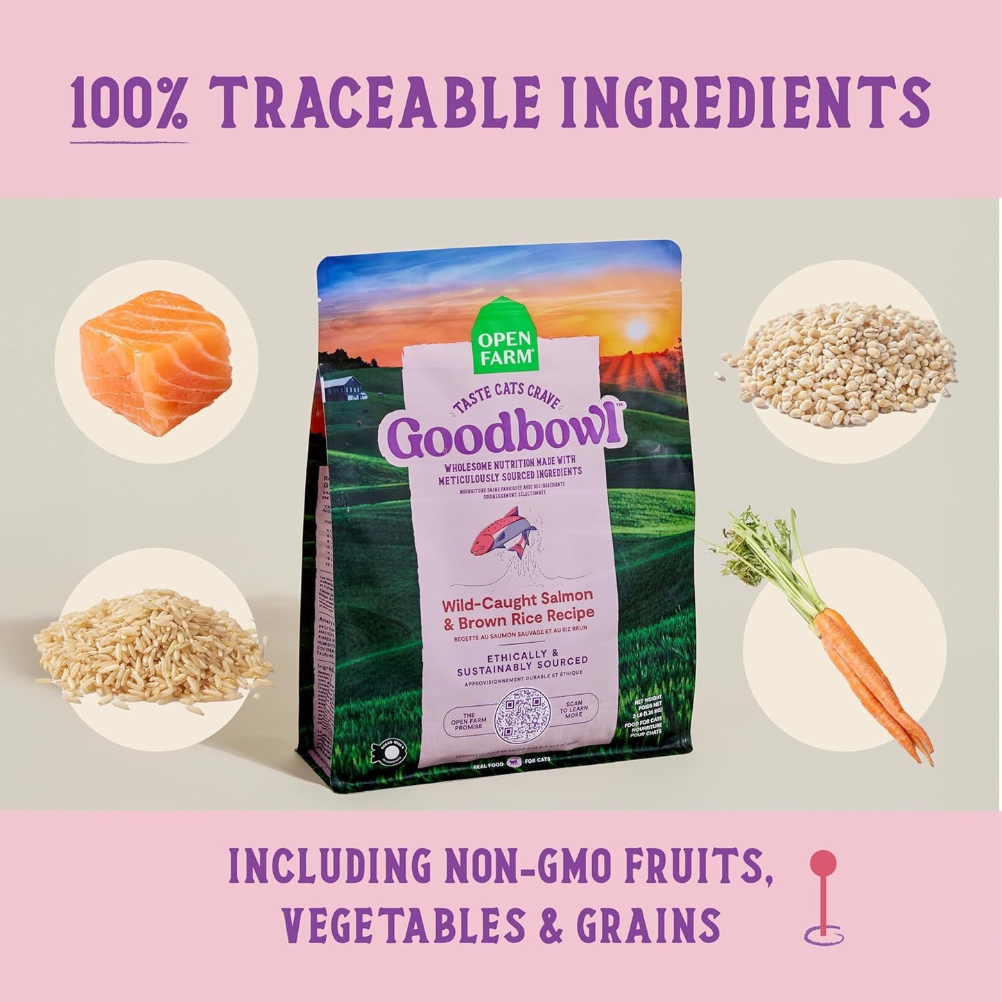 Open Farm Goodbowl, Protein Rich Dry Cat Food Made from Meticulously Sourced Simple Ingredients, Wild-Caught Salmon & Brown Rice Recipe, 7lb Bag (112oz Bag)