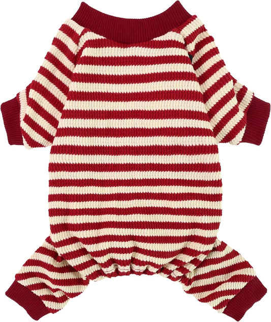 Fitwarm Red and White Striped Dog Pajamas, Waffle Dog Clothes for Small Dogs Girl Boy, Puppy Onesie with Feet, Pet Christmas Outfit, XXL
