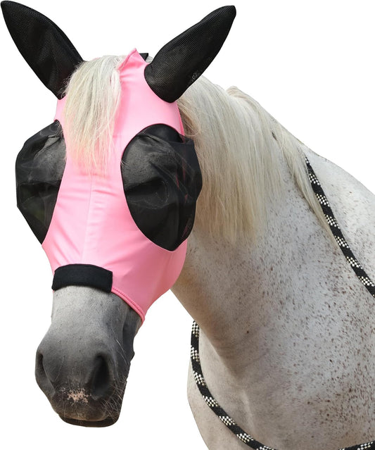 Horse Fly Mask with Ears - Large Eye Space for Full Vision, Breathable Stretch Comfort Fit, UV Protection, Forelock Opening, Easy Pull-On Pink Full