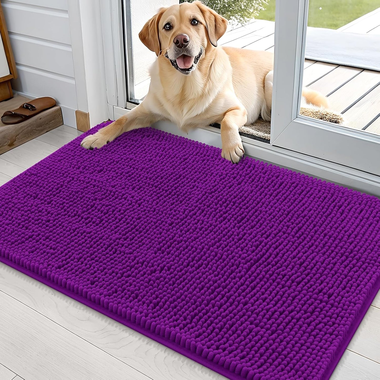 OLANLY Dog Door Mat for Muddy Paws 36x24, Absorbs Moisture and Dirt, Absorbent Non-Slip Washable Doormat, Quick Dry Chenille Mud Mat for Dogs, Entry Indoor Entryway Carpet for Inside Floor, Purple
