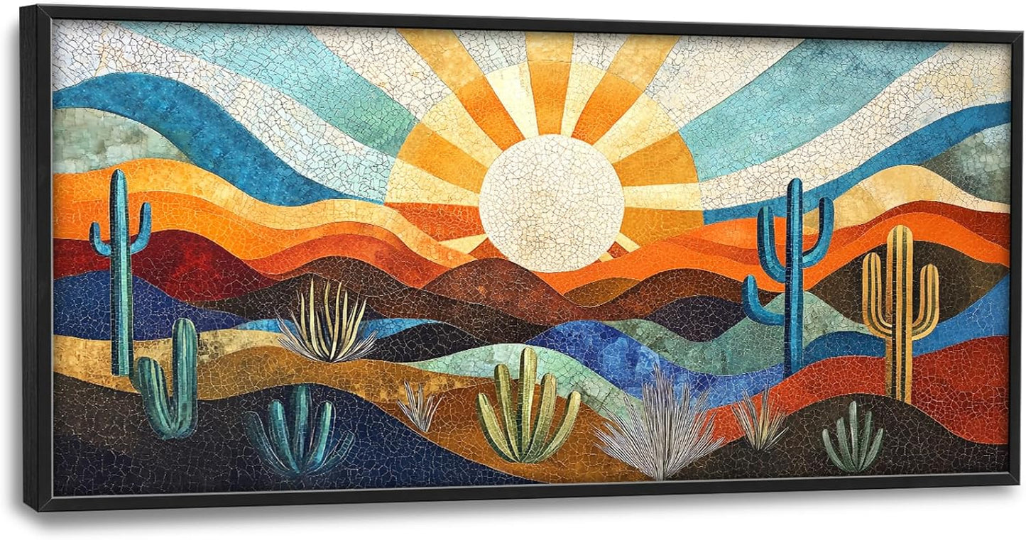 Extra Large Framed Abstract Boho Desert Wall Art, Sun Cactus Landscape Wall Decor Pictures for Living Room,Cacti Canvas Print Painting Modern Artwork Bedroom Office Bathroom Home Decor 60L x 30W
