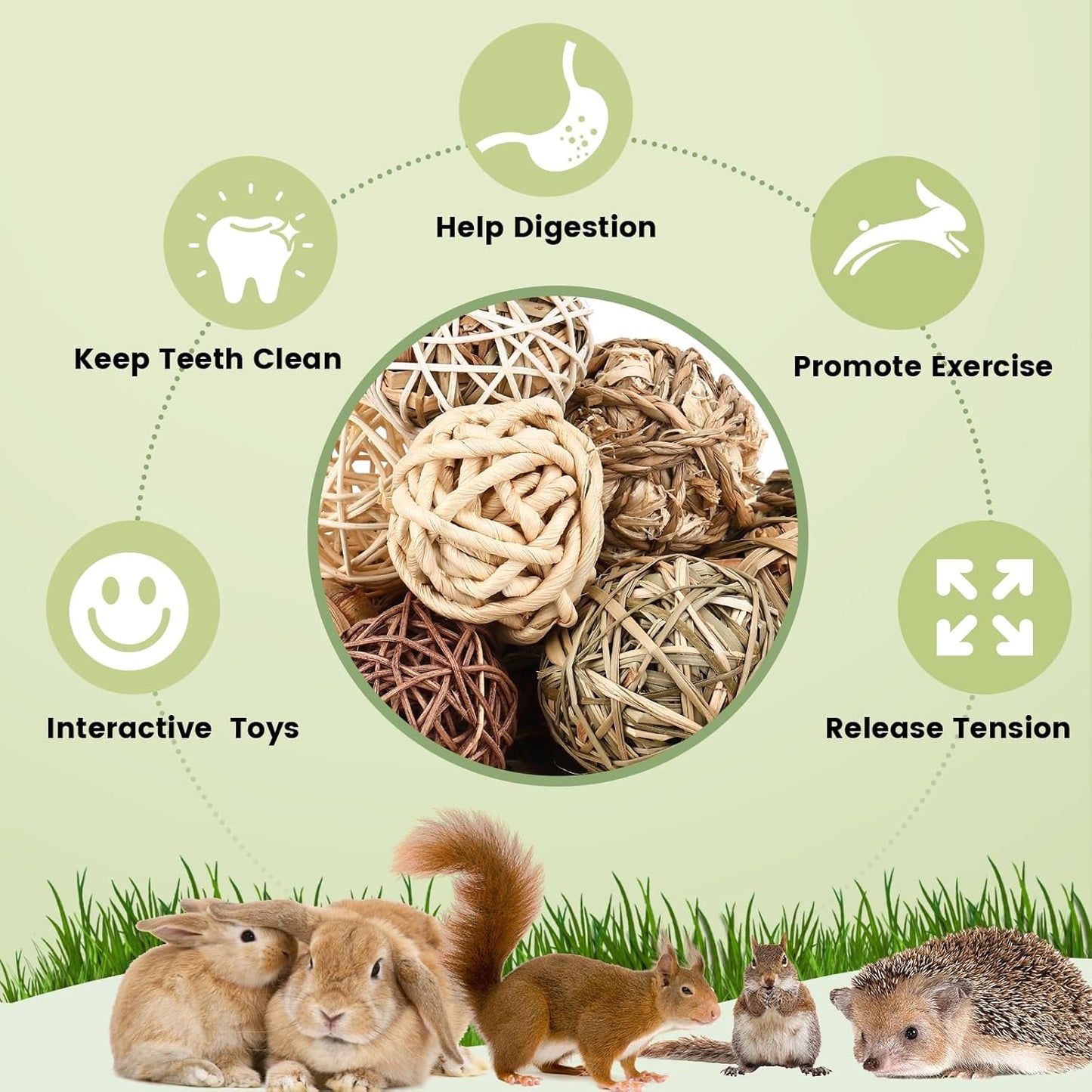 Bunny Chew Grass Balls, Rolling Chew Toys for Small Animals, Improving Dental Health, Natural Chew Grass Toys for Rabbits, Guinea Pigs, Chinchillas, Hamsters, Mice (16 Pcs)