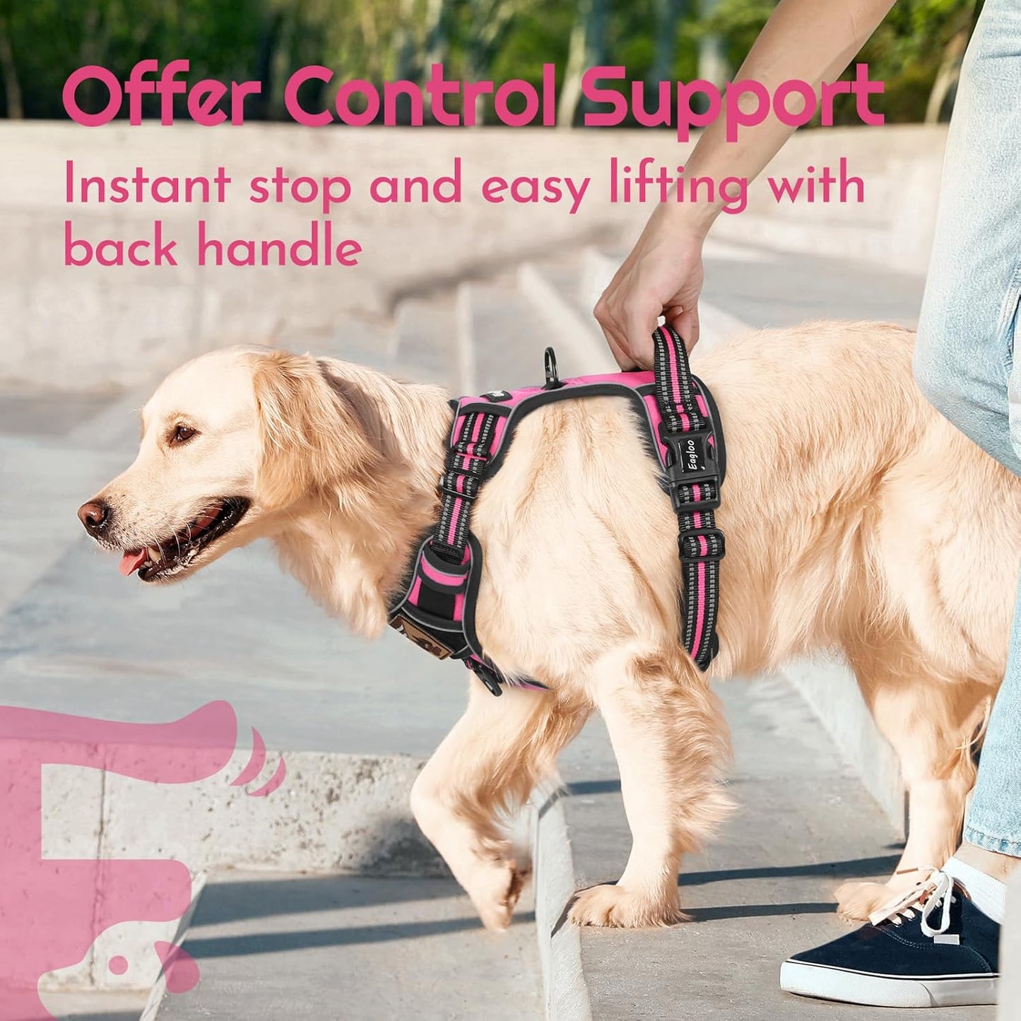 Eagloo Dog Harness Small Sized, Easy Wearing with 3 Buckles, Adjustable No Pull Pet Harness with 2 Rings for Walking, No Chock Reflective Soft Padded Vest with Control Handle, Pink & Black, S