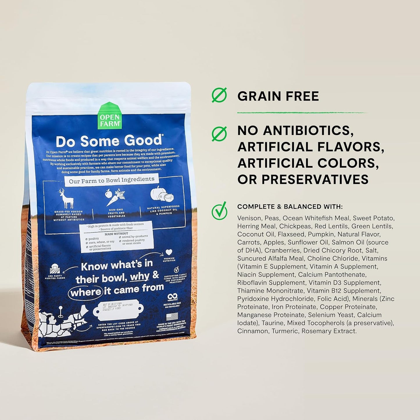Open Farm, Grain-Free Dry Dog Food, Complete & Balanced Kibble, Sustainably & Ethically Sourced Ingredients, Non-GMO Veggies & Superfoods Support Overall Health, New Zealand Venison Recipe, 4lb Bag