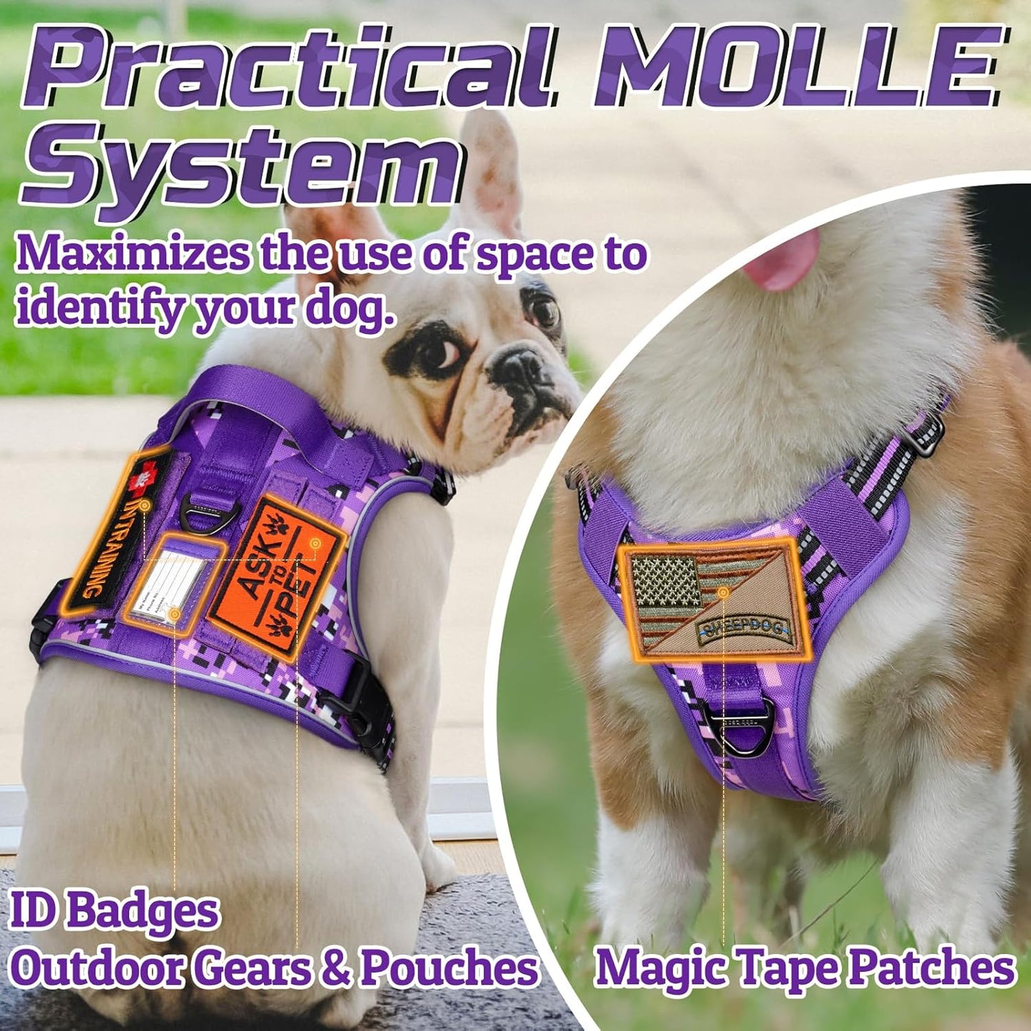 rabbitgoo Tactical Dog Harness for Large Dogs, No Pull Military Service Vest with Handle & Molle, Easy Control for Training Walking, Adjustable Reflective Straps, Purple Camo, XL