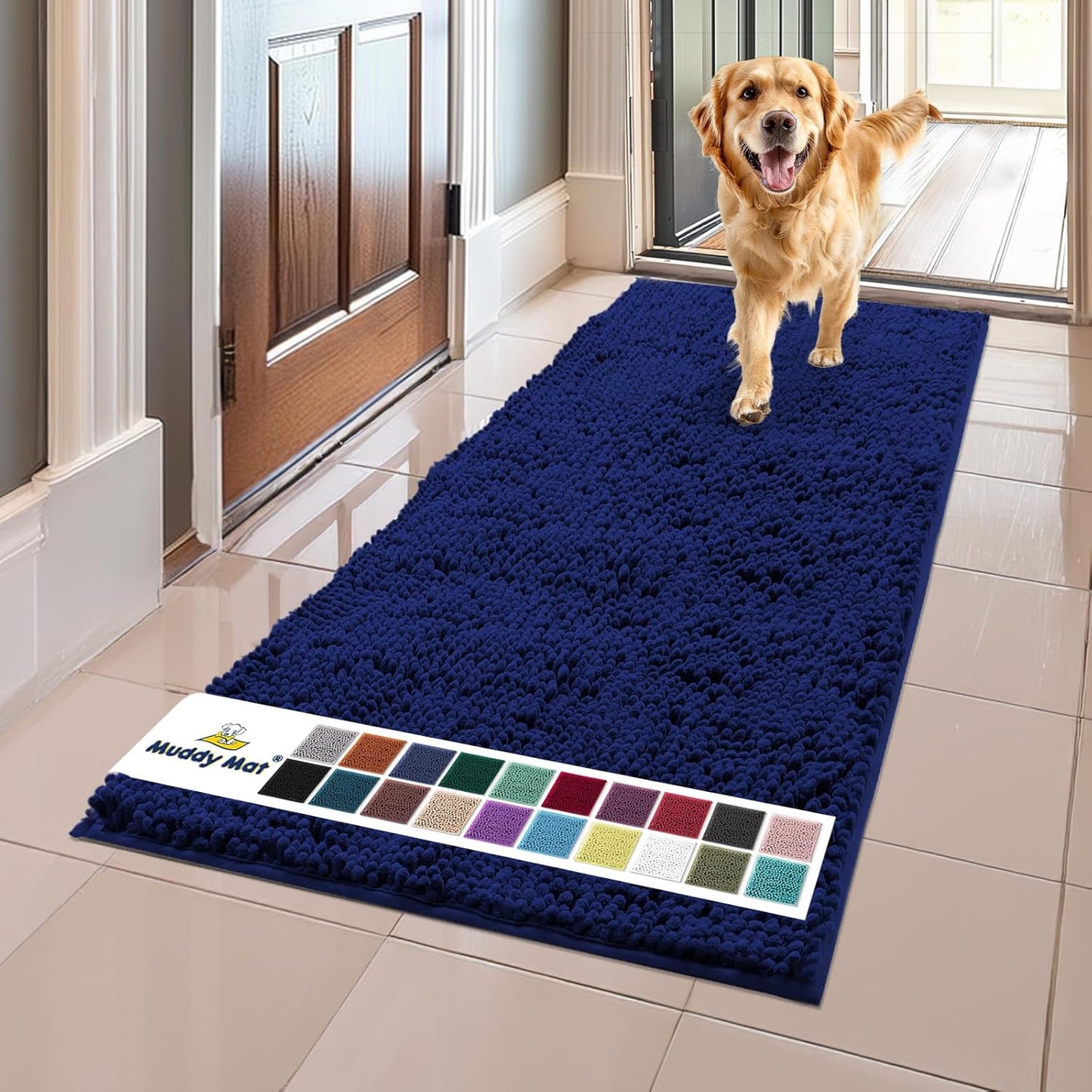Muddy Mat® AS-SEEN-ON-TV Highly Absorbent Microfiber Dog Door Mat and Pet Rug, Non Slip Thick Washable Area and Bath Mat Soft Chenille for Kitchen Bathroom Bedroom and Indoor- Navy Blue Runner 24"X60"