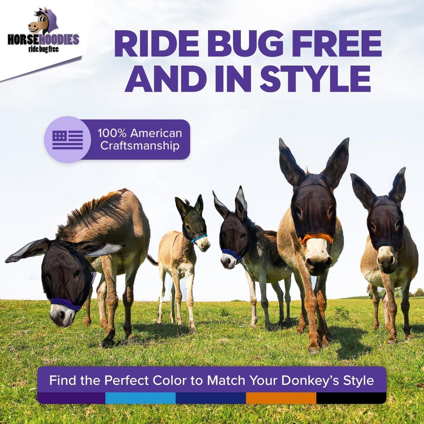 Donkey Fly Mask with Long Ears (Aqua) Made in USA - Mule Fly Mask with Ears Protection from Insects and Bugs, Mini Donkey Soft Mesh Fabric with Adjustable Fastener, Face Cover Supplies for Donkeys