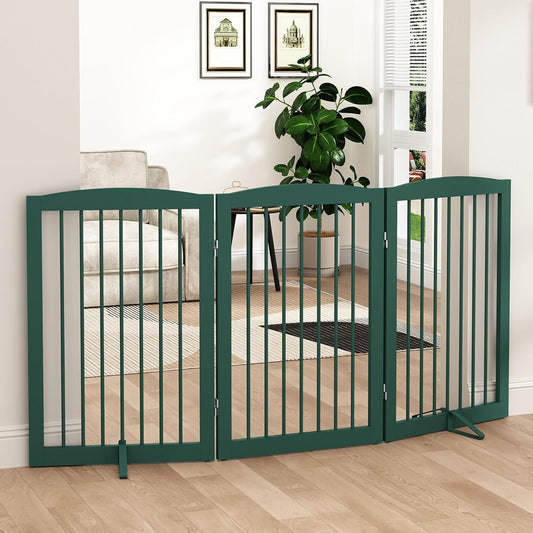 Freestanding Pet Gate for Dogs, Foldable Wooden Dog Gate for House Indoor, Step Over Pet Puppy Safety Fence for Stair, Doorway,Hall, Support Feet Included,3 Panels 32",Green