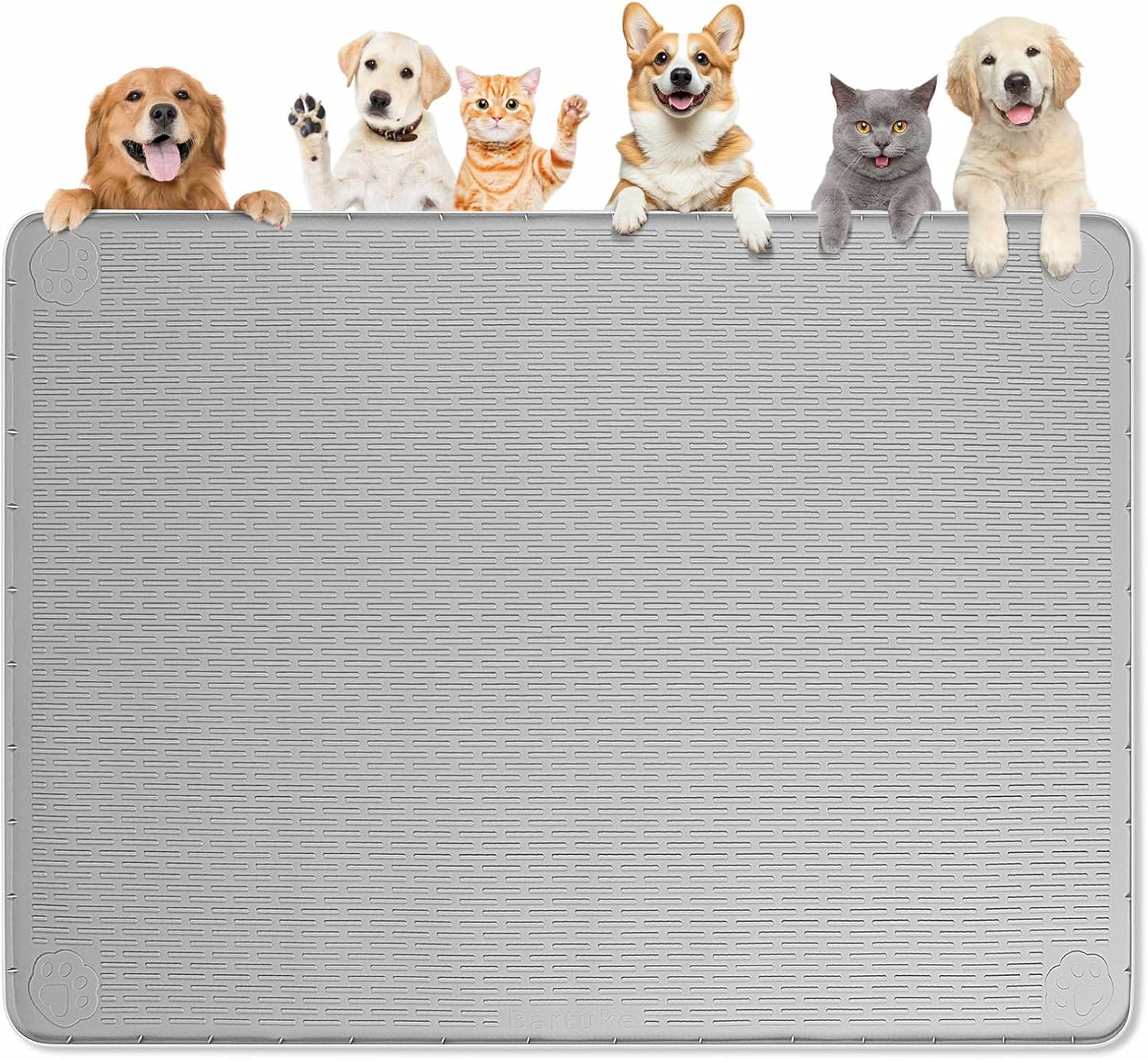 Dog Food Mat, Extra Large 50" x 35" Silicone Pet Feeding Mat with Raised Edge Pet Placemat for Small, Medium, and Large Pets Non-Slip, Easy to Clean (Grey)