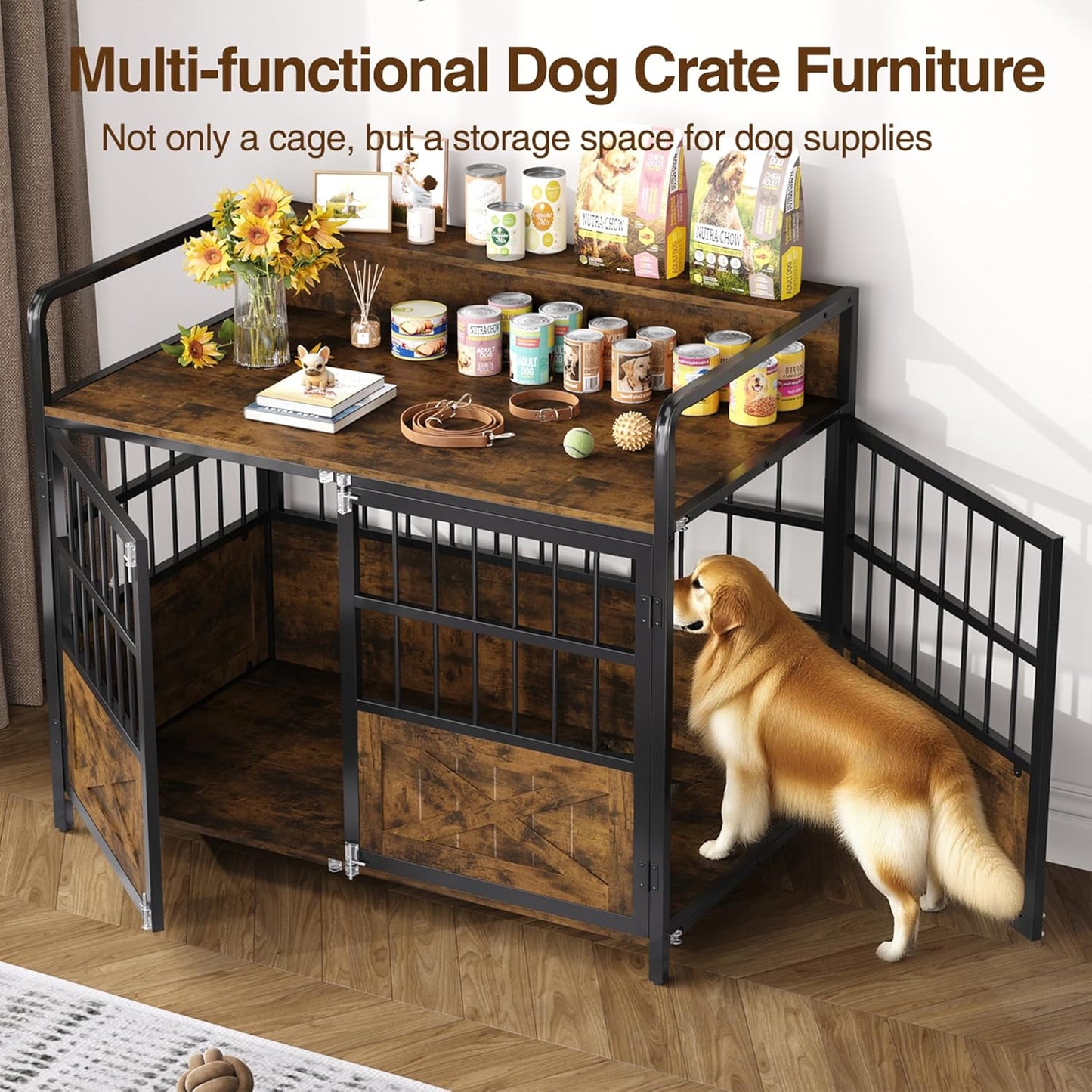 45.3" Dog Crate Furniture for Large Breed, Heavy Duty XL Dog Kennel Indoor with Storage Shelf, Farmhouse Wooden Pet Crate, Chew-Resistant, Brown (45.3" W x 23" D x 39.4" H)