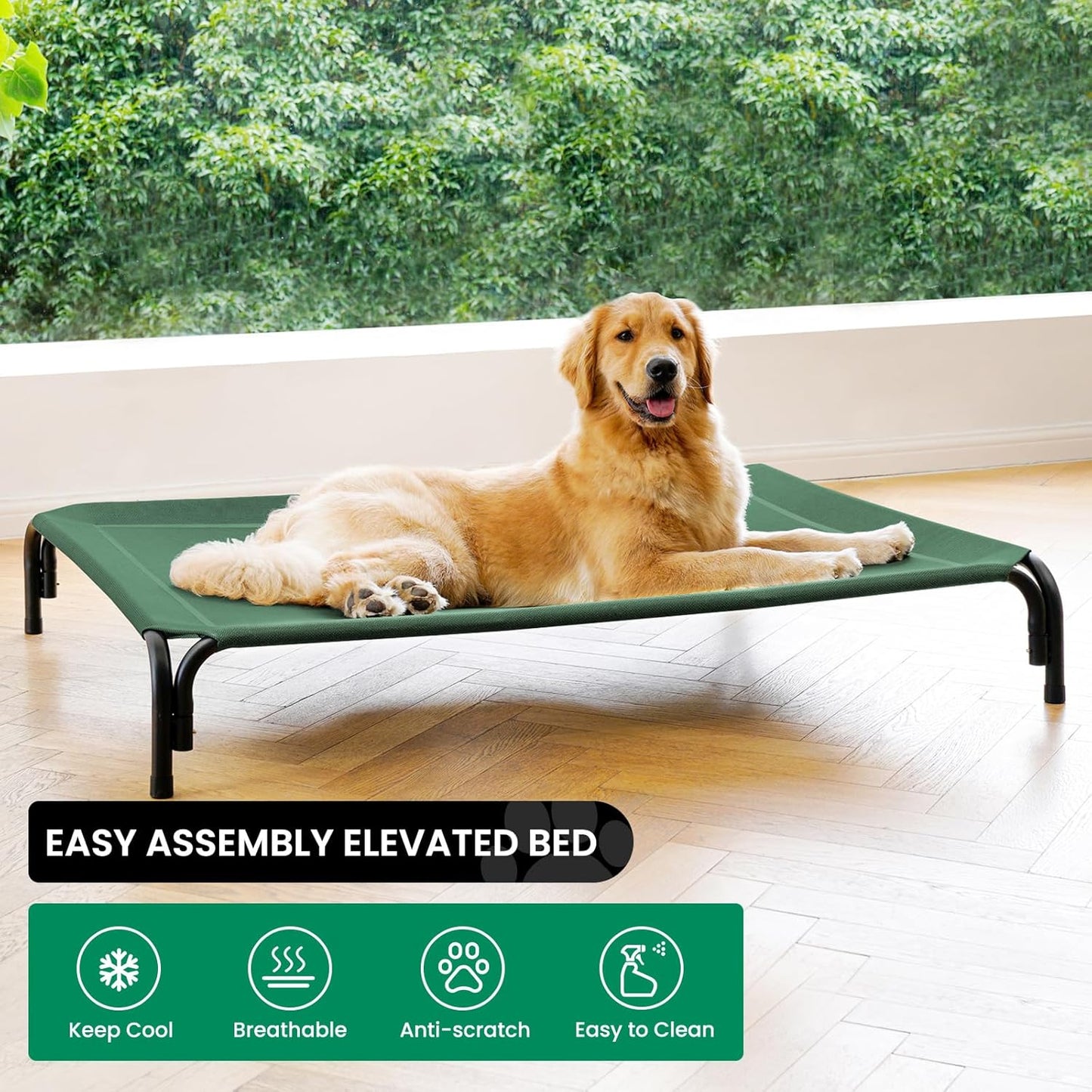 Elevated Dog Bed Raised Outdoor Dog Cot for Medium Dogs, Installation Requires No Tools, Frame with Washable Cooling Breathable Mesh Anti-Slip Feet, Indoor Pet Bed, Green, 35.4 Inches