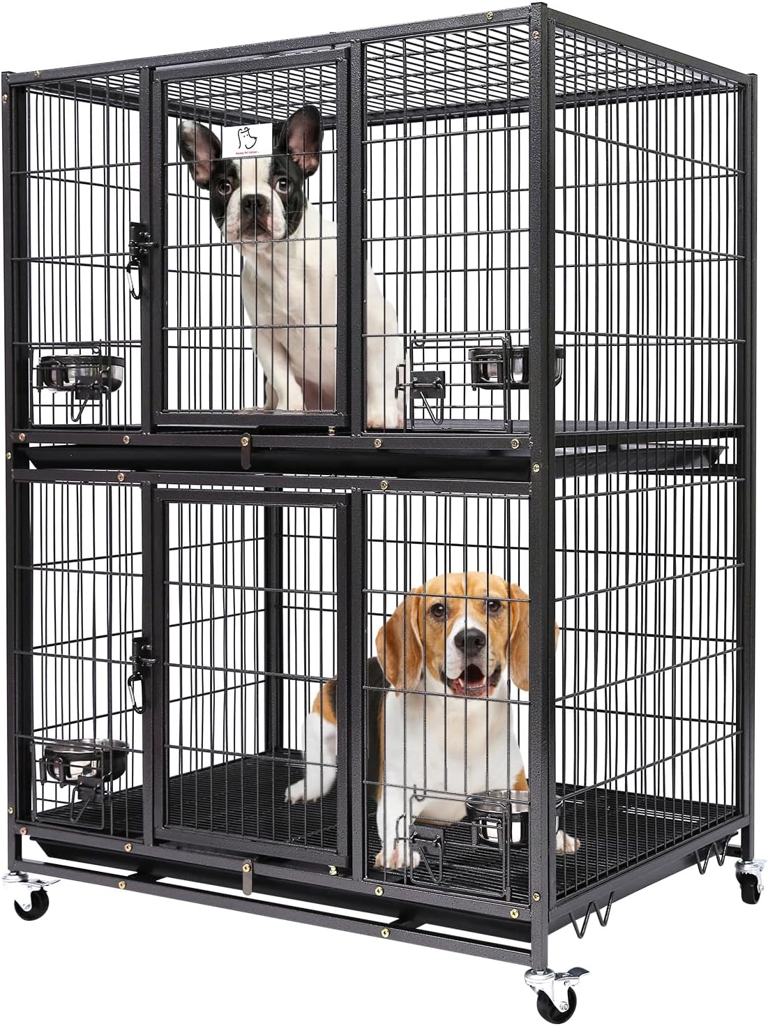 Homey Pet Two Tiers 37 Inch Dog Crate Cage Kennel with Feeding Door and Bowls, Lockable Wheels and Removable Tray, Escape Proof Metal Wire Heavy Duty Dog Crates for Medium/Small Sized Dogs (6 Pack)