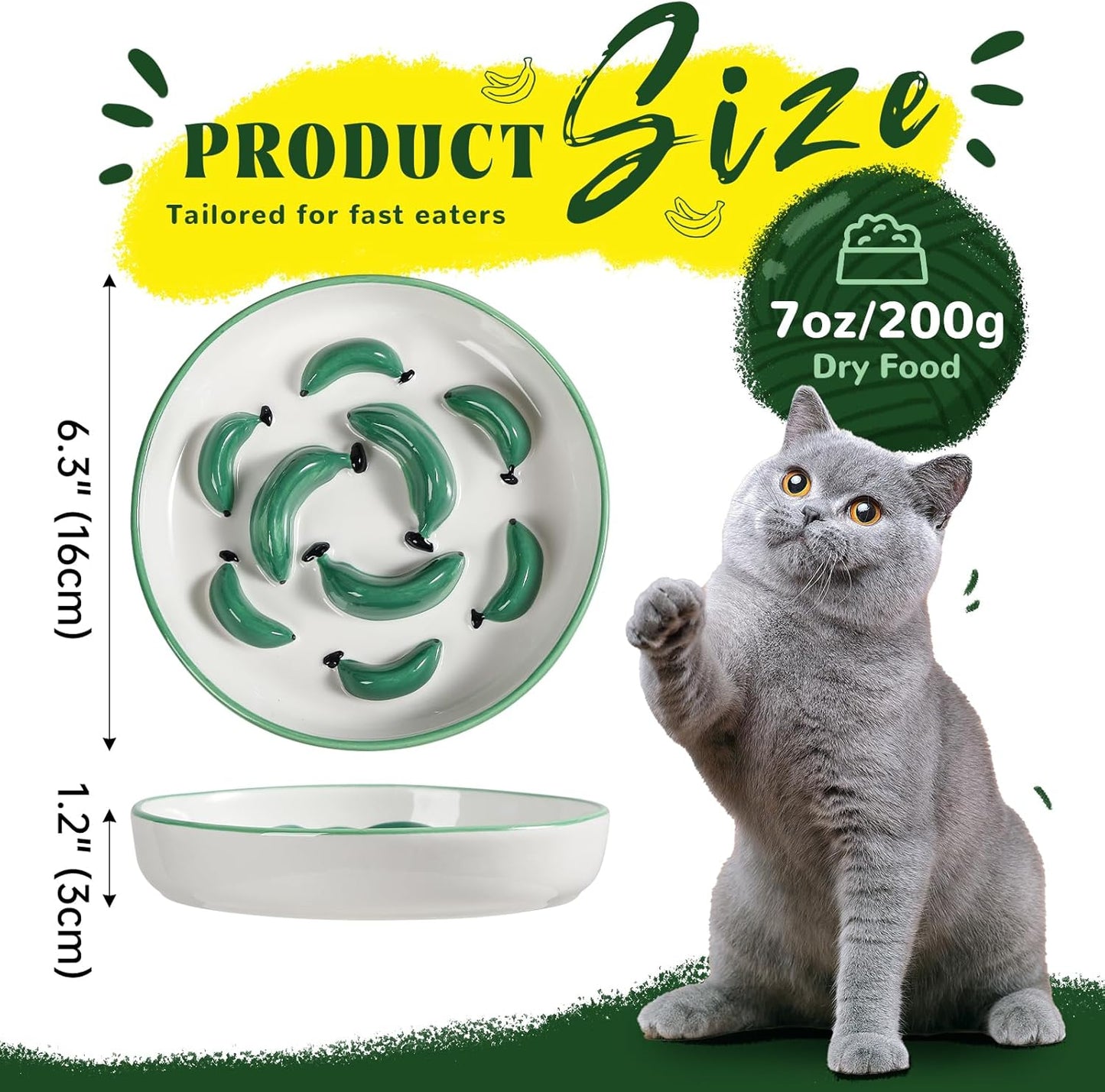 Ceramic Cat Slow Feeder Bowl - Vibrant Cat Feeding Bowl - Cute Maze Food Dish for Slow Eating - Dishwasher Safe - 6.3''W x 1.2''H - 7 OZ - Green