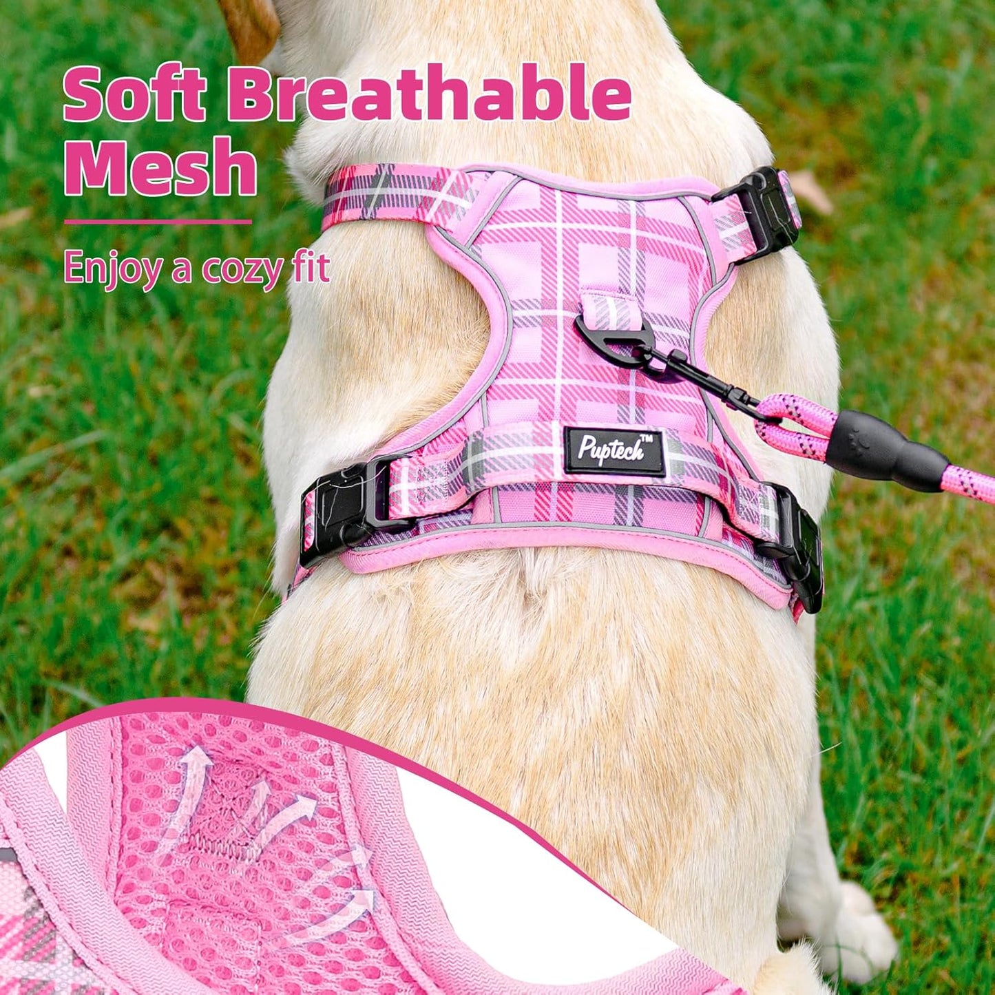 PUPTECK No Pull Dog Harness Small Sized, Adjustable Reflective Dog Harness with Handle Easy Control, Comfortable Soft Padded Pet Vest Harness for Small Dogs, Plaid Pink S