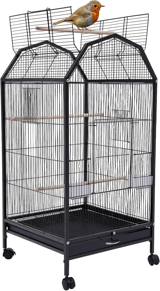 40-Inch Wrought Iron Bird Cage with Open-Top and Rolling Stand, Movable Parrot Cage Pet Bird Flight Cage, 360 Degree View Spacious Interactive Roof Pet Bird House for Medium&Small Birds