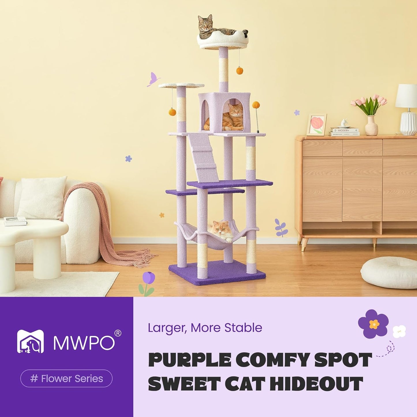 MWPO Flower Large Cat Tree, 70.1-Inch Multi-Level Tall Cat Tower for Indoor Cats, Plush Cat Condo with Big Padded Perches, Sisal-Covered Scratching Posts, Hammock, Toys for Kittens & Cats