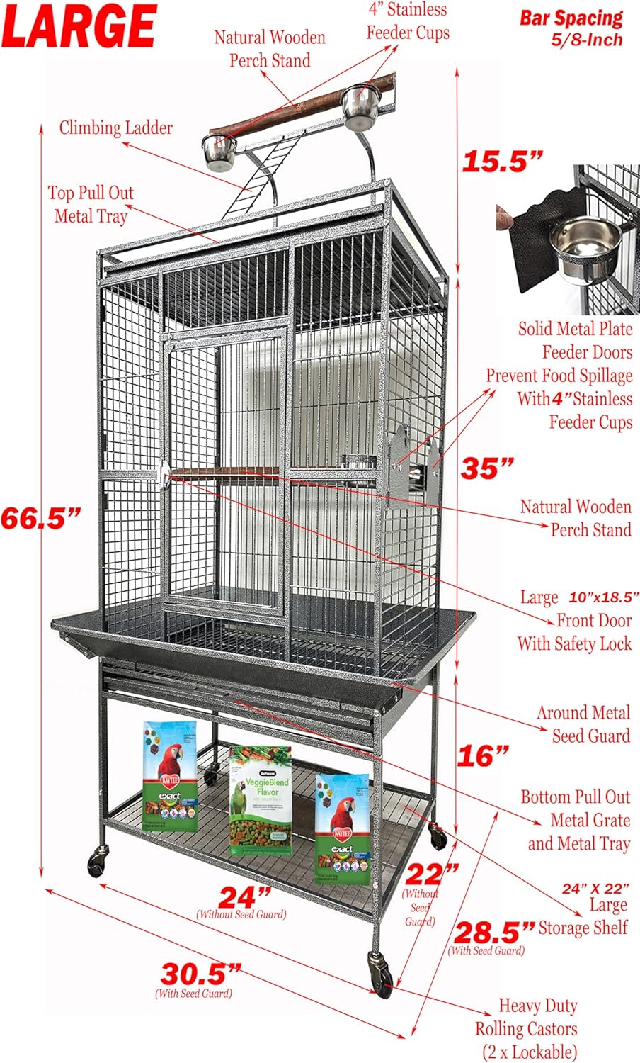 Large Elegant and Durable Wrought Iron Play Ground Perch Stand Top Climbing Ladder Bird Parrot Rolling Metal Cage with Around Seed Guard Storage Shelf On Heavy Duty Lockable Rolling Wheels