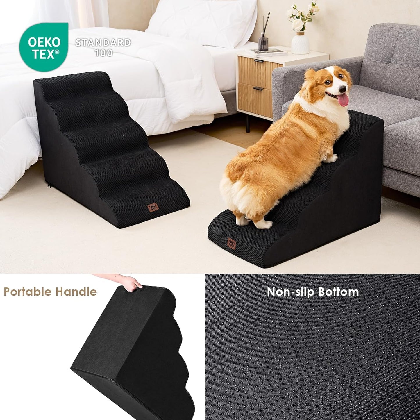 EHEYCIGA Curved Dog Stairs Ramp for High Beds 19.7" H, 4-Step Dog Steps for Small Dogs and Cats, Pet Stairs for High Bed Climbing, Non-Slip Balanced Pet Step Indoor, Black