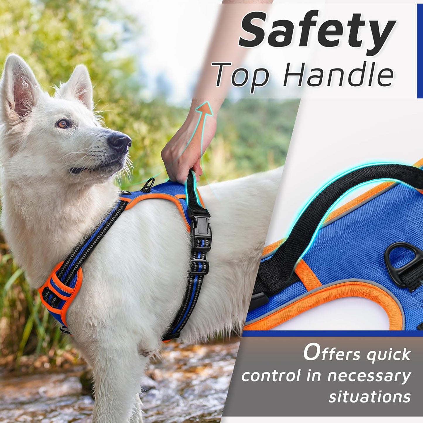Eagloo Dog Harness for Large Dogs, No Pull Service Vest with Reflective Strips and Control Handle, Adjustable and Comfortable for Walking, No Choke Harness with 2 Metal Rings, Blue & Orange, M