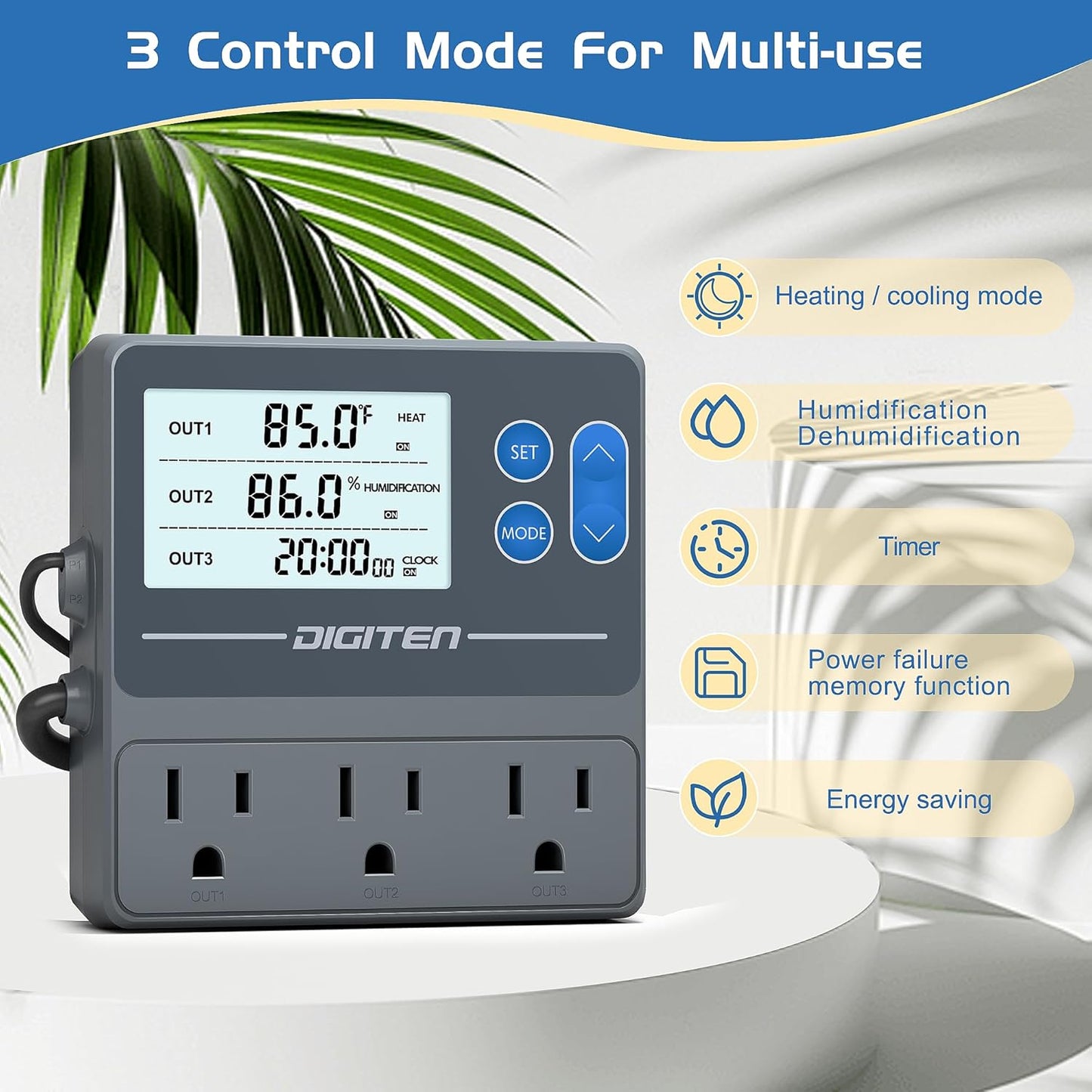 Digital Temperature Humidity Controller Pre-Wired Outlets for Mushroom, Reptile, Heating/Cooling On Outlet 1, Humidifier/Dehumidifier On Outlet2, Timer On Outlet 3