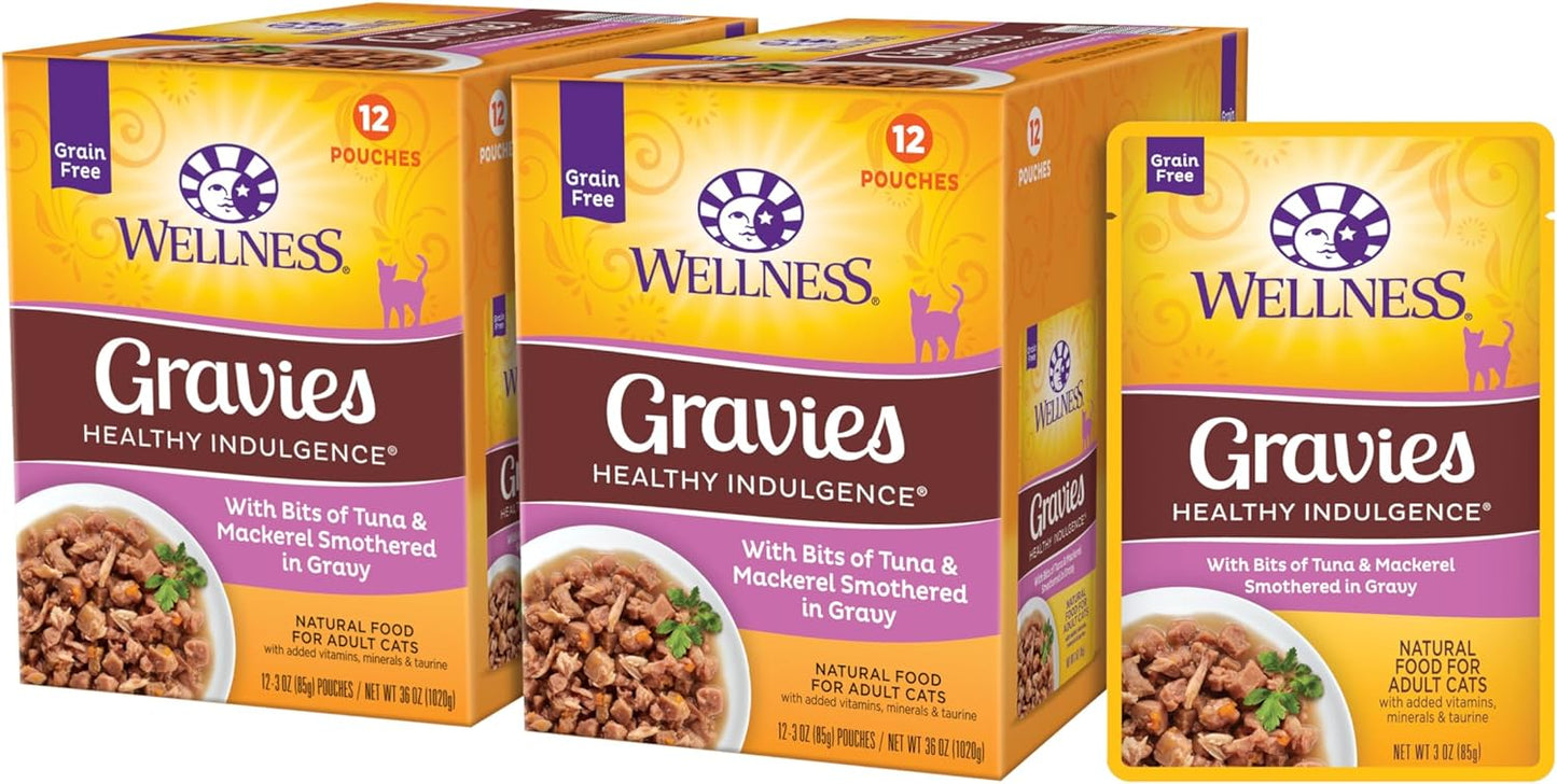 Wellness Healthy Indulgence Gravy Adult Wet Cat Food, Natural, Protein-Rich, Grain Free, 3 Ounce Pouch, 24 Pack, (Tuna & Mackerel)