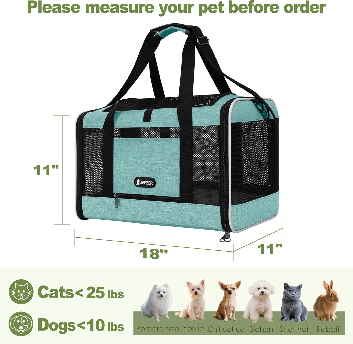 Cat Carrier 18"x11"x11" TSA Approved Ventilated Top Open Softsided Pet Air Travel Bag, Small Animal Basic Crate Shih Tzu Dog Kennel Carry Case, 4-Mesh-Side Kitty Carry on up to 20lbs Teal