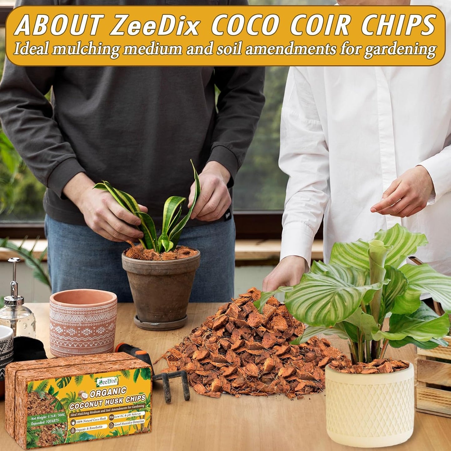 Zeedix 4 Pack Coco Husk Chips for Plants(4.4LB), 100% Organic Coconut Chips Mulch with Low EC & PH Balance, All Purpose for Indoor Plant Flowers Herbs Vegetables, Reptiles Terrarium Tanks Substrate