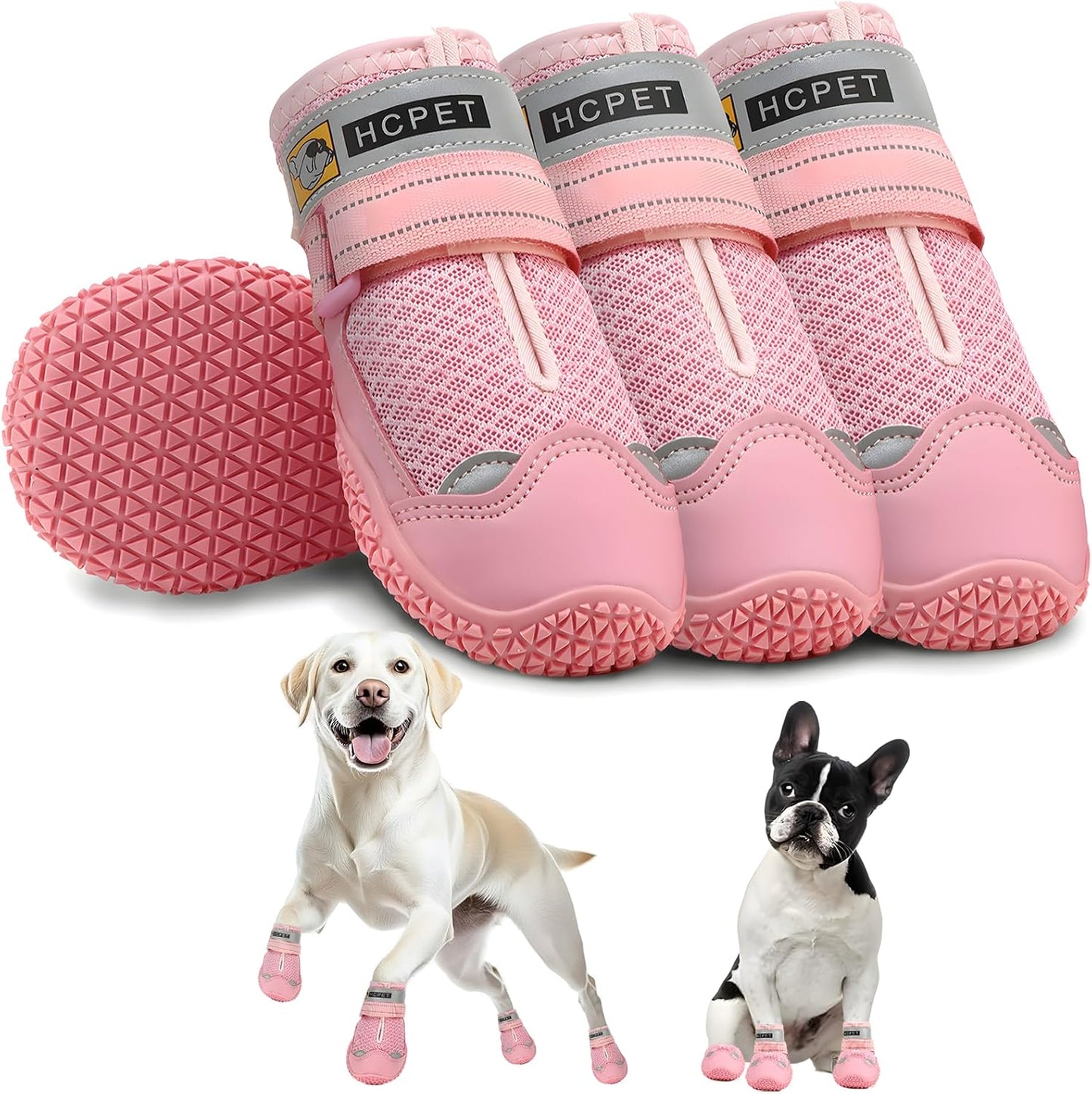 Hcpet Dog Shoes for Large Dogs, Breathable Dog Booties for Small Medium Dogs, Anti-Slip Dog Boots & Paw Protectors for Hot Pavement Winter Snow Hiking with Reflective Straps Pink Size 3