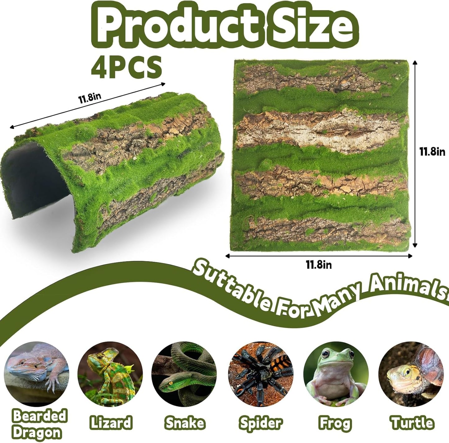 kathson 4PCS Cork Bark for Reptiles 11.8 "L X 11.8" W Cork Terrarium Background Bearded Dragon Tank Background with Artificial Moss Natural Reptile Climbing Mat for Spider Gecko Lizard Chameleon