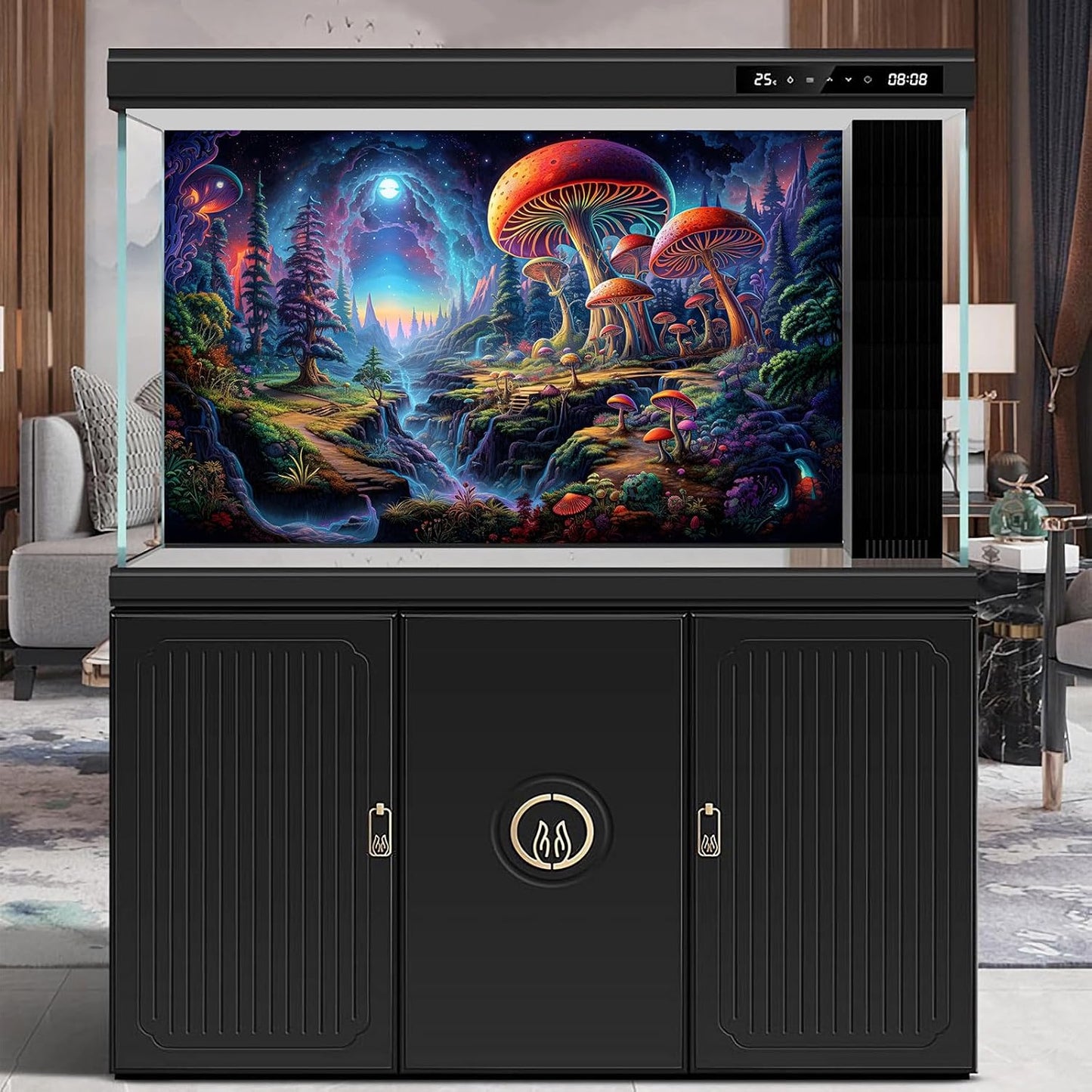 Forest Aquarium Background Fantastic Cartoon Forest Landscape with Mushrooms and Flowers Terrarium Background Fantasy Pine Tree Mysterious Mushroom Theme Fish Tank Backdrop Poster Decor 24x16in