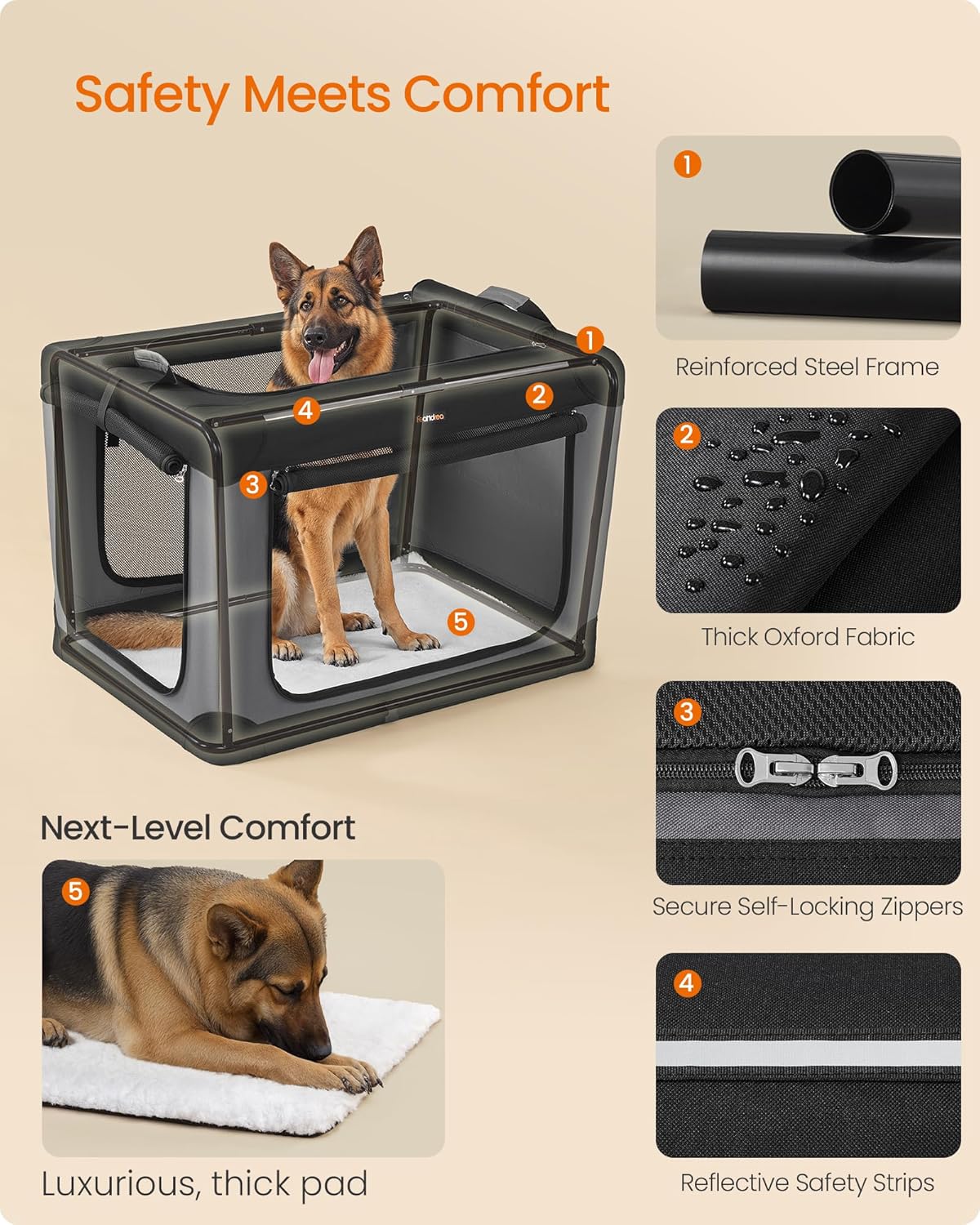 Feandrea Collapsible Dog Crate, 42-Inch Portable Dog Travel Crate for Large Dogs, Oxford Fabric Pet Carrier with 4 Mesh Doors, Handles, Storage Pocket, Water Bottle Holder, Ink Black UPDC021B01