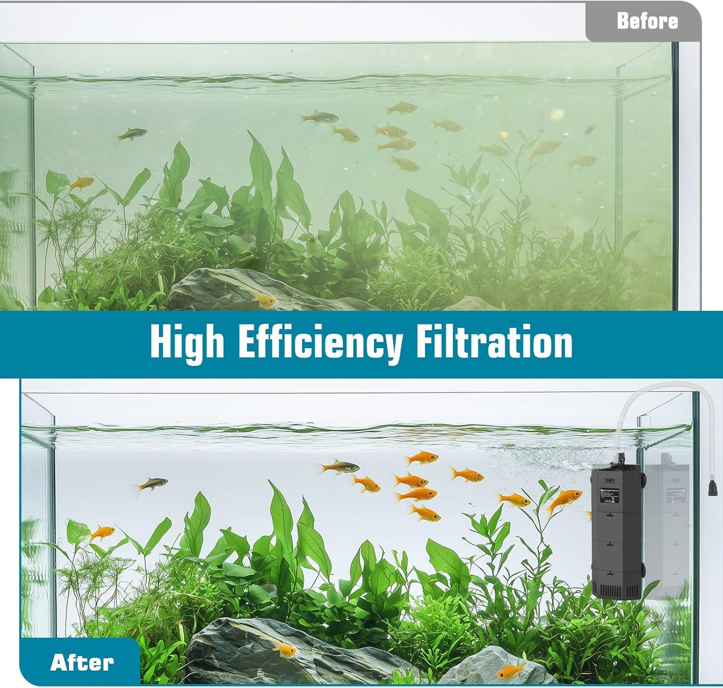 AQQA Submersible Aquarium Filter for 50-100Gal Fish Tank Whisper Fish Corner Filters with Adjustable Waterflow for Bio Filtration, Water Circulation and Oxygenation (12W,260GPH)