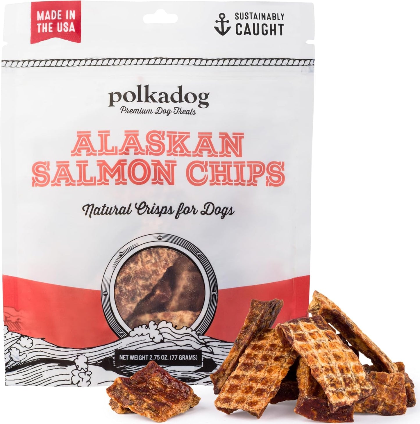 Polkadog Crunchy Alaskan Salmon Chips – Single Ingredient Dog Treats with Wild-Caught Salmon – All Natural, Grain-Free, Lean Protein & Omega-3 Rich Snacks for Dogs – Handcrafted in USA - 2.75 oz