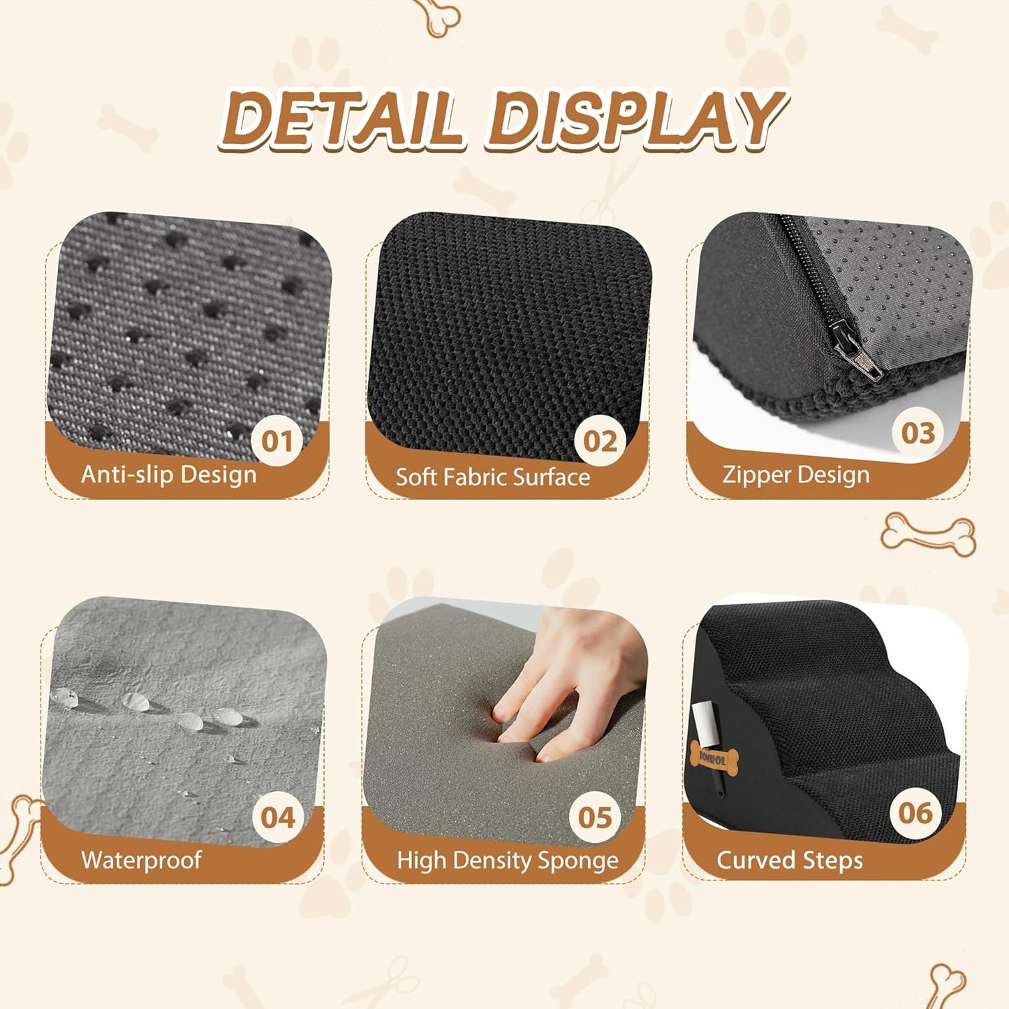 Romrol Dog Stairs Ramp for High Beds Couches, High Density Foam Pet Steps with Durable Non-Slip Waterproof Fabric Cover, Dog Stairs for Small Dogs or Cats or Pets, 3-Step,15 Inch,Black