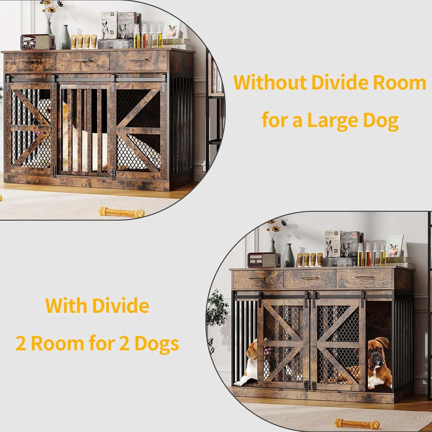 48'' Dog Crate Furniture with Removable Divider & Storage Drawers, Wooden Double Dog Cage TV Stand with 2 Sliding Barn Doors, Multi-Functional Dog Crate End Table for Indoor use (Retro Brown)