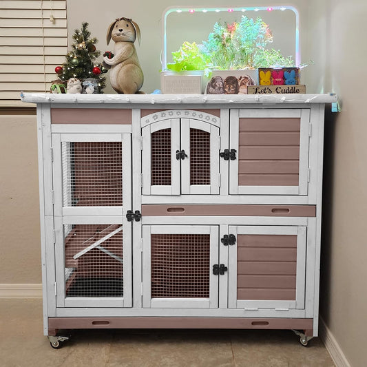 Rabbit Hutch Indoor Bunny Cage Outdoor with Casters, Guinea Pig Cage for Small Animals, Bunny Hutch with Two Plastic Trays 47inch