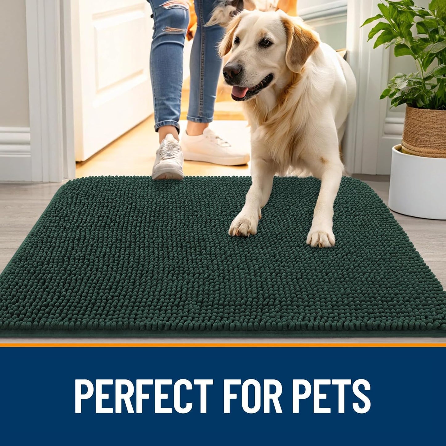 OLANLY Dog Door Mat for Muddy Paws 59x35, Absorbs Moisture and Dirt, Absorbent Non-Slip Washable Doormat, Quick Dry Chenille Mud Mat, Entry Indoor Entryway Carpet for Inside Floor, Blackish Green